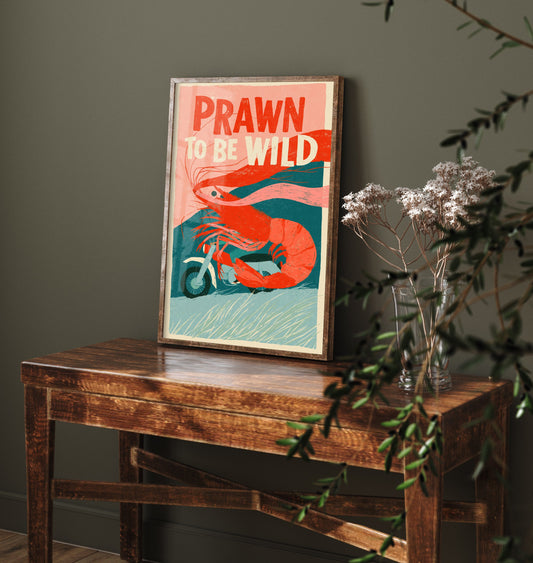Prawn to be Wild Art Print - Shrimp on a Motorcycle Poster - Funny Retro Biker Illustration - Seafood Pun Kitchen Wall Art