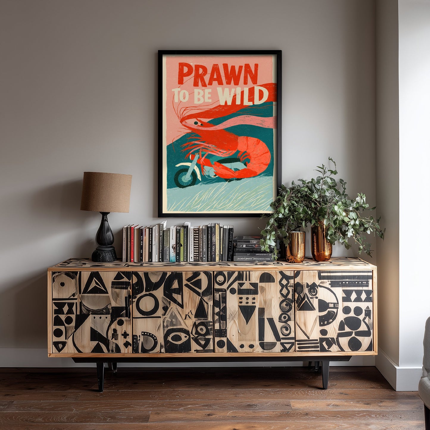 Prawn to be Wild Art Print - Shrimp on a Motorcycle Poster - Funny Retro Biker Illustration - Seafood Pun Kitchen Wall Art
