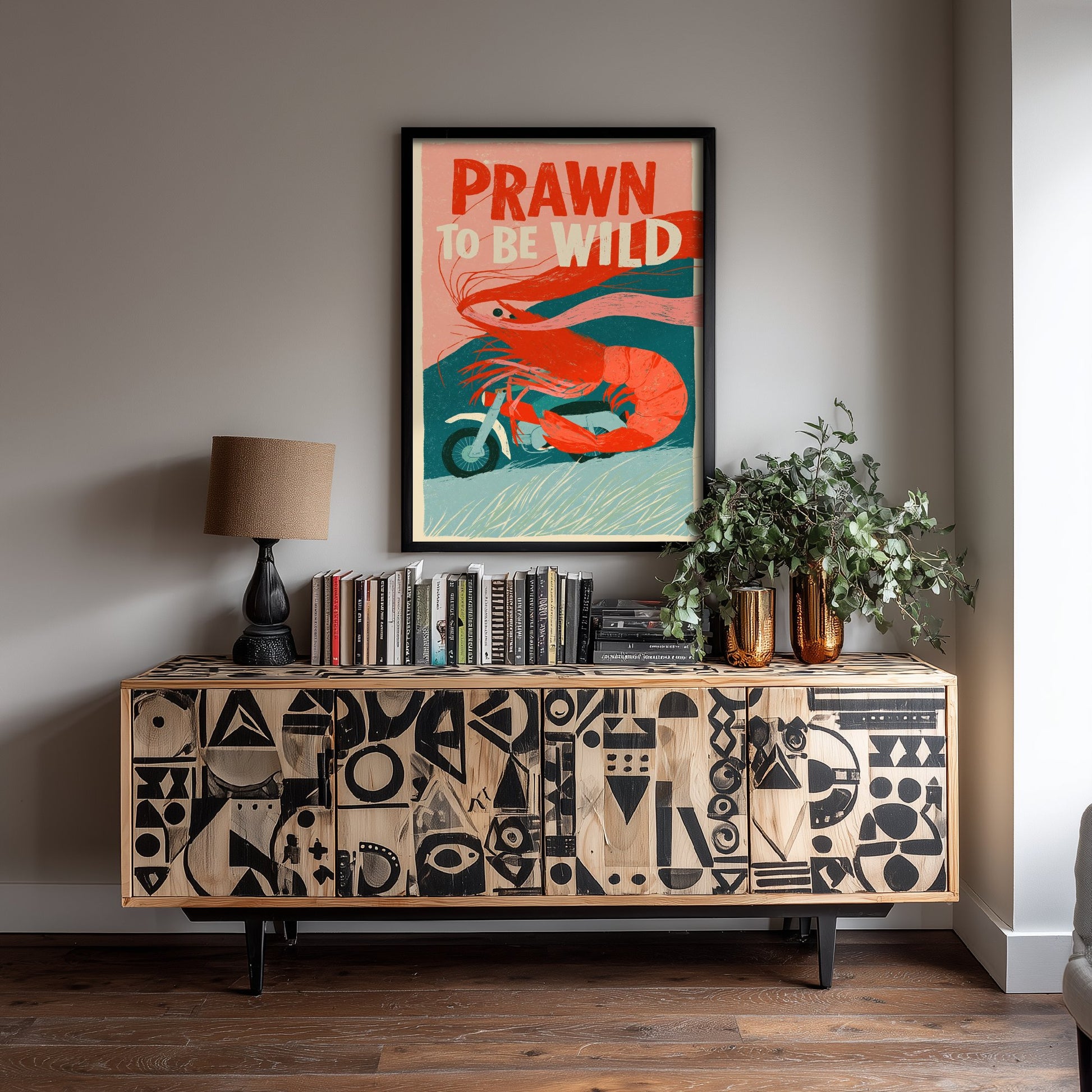 Prawn to be Wild Art Print - Shrimp on a Motorcycle Poster - Funny Retro Biker Illustration - Seafood Pun Kitchen Wall Art