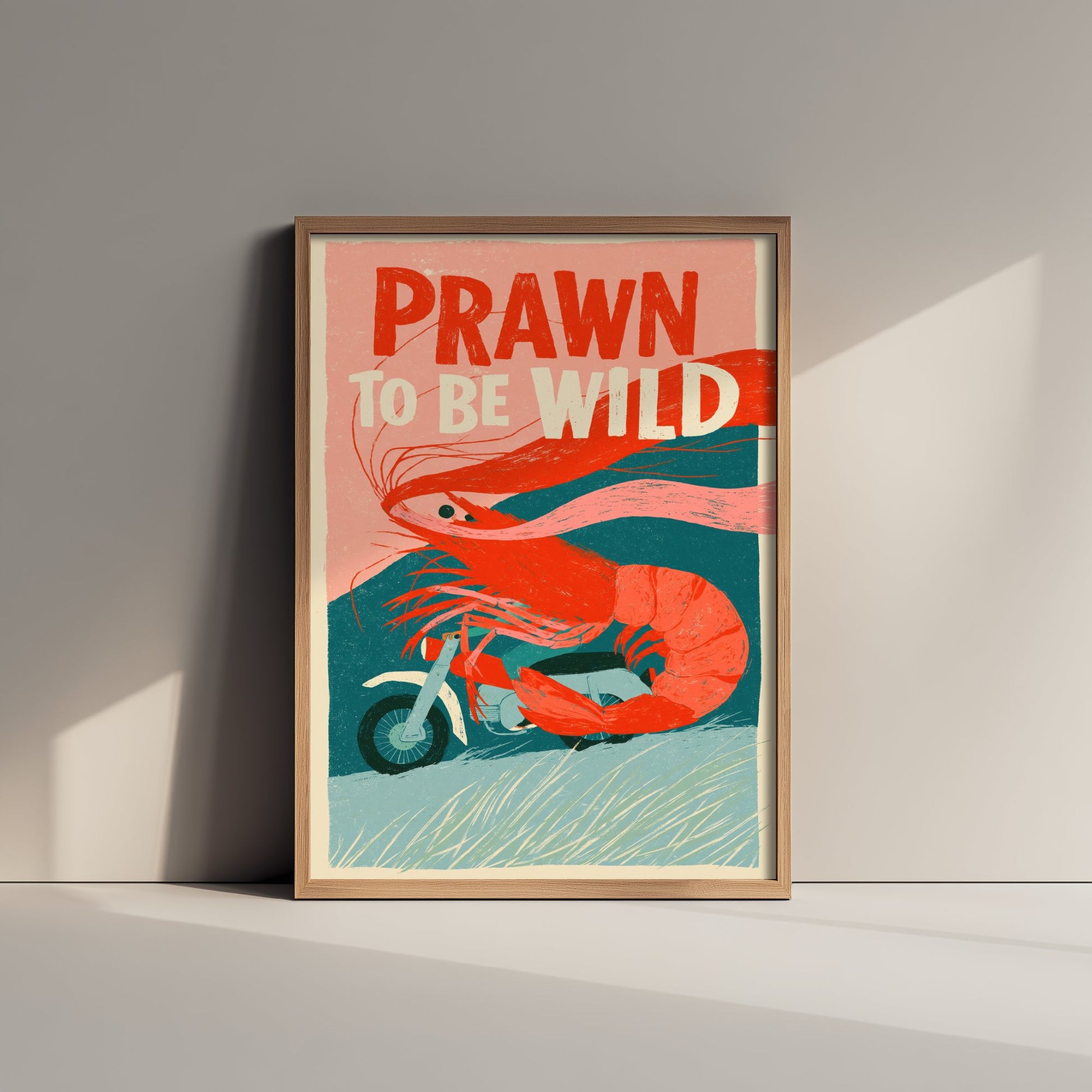 Prawn to be Wild Art Print - Shrimp on a Motorcycle Poster - Funny Retro Biker Illustration - Seafood Pun Kitchen Wall Art