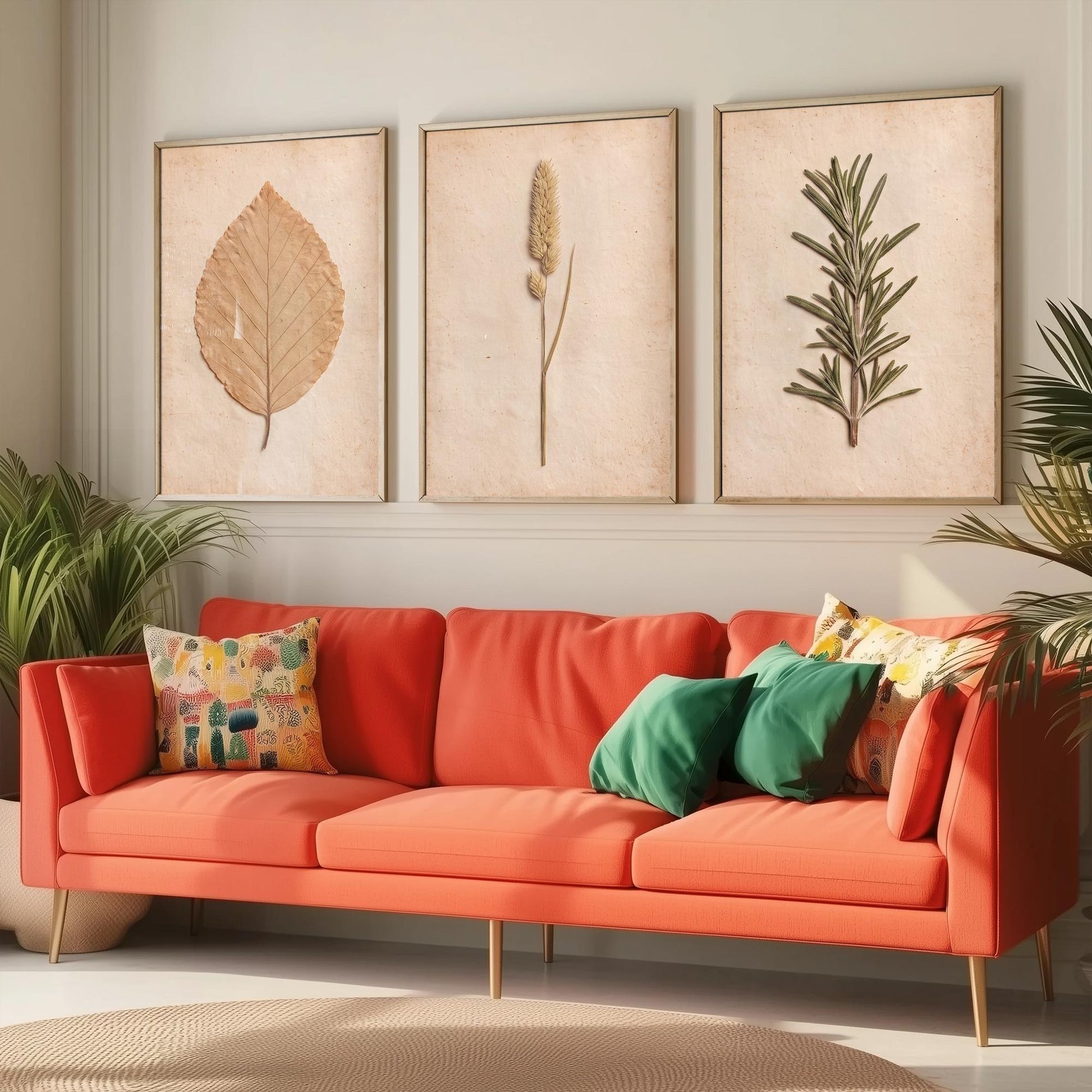 Pressed Botanicals Set of Three Art Prints - Beech Leaf Meadow Foxtail Grass and Rosemary - Vintage Herbarium Photo Posters
