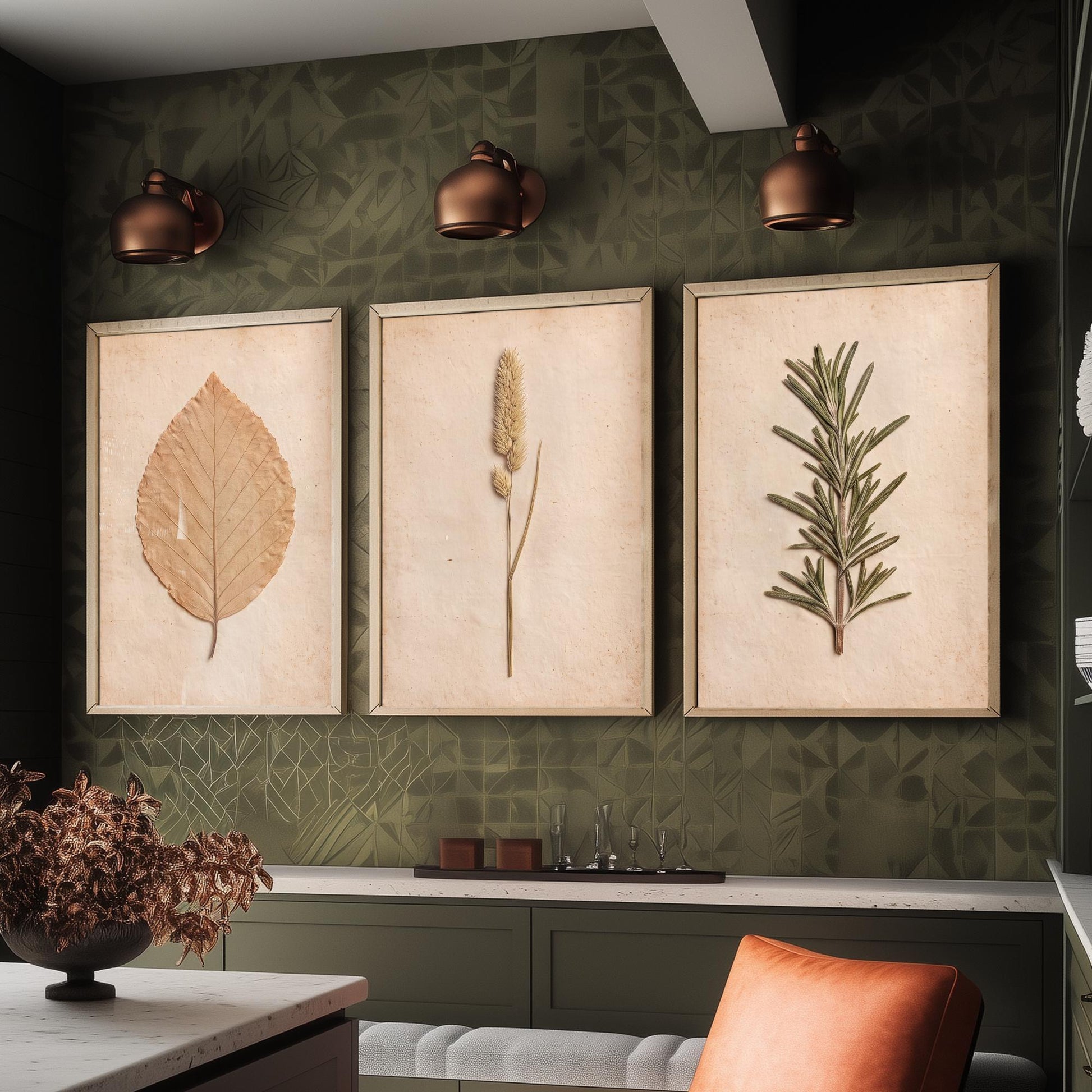 Pressed Botanicals Set of Three Art Prints - Beech Leaf Meadow Foxtail Grass and Rosemary - Vintage Herbarium Photo Posters