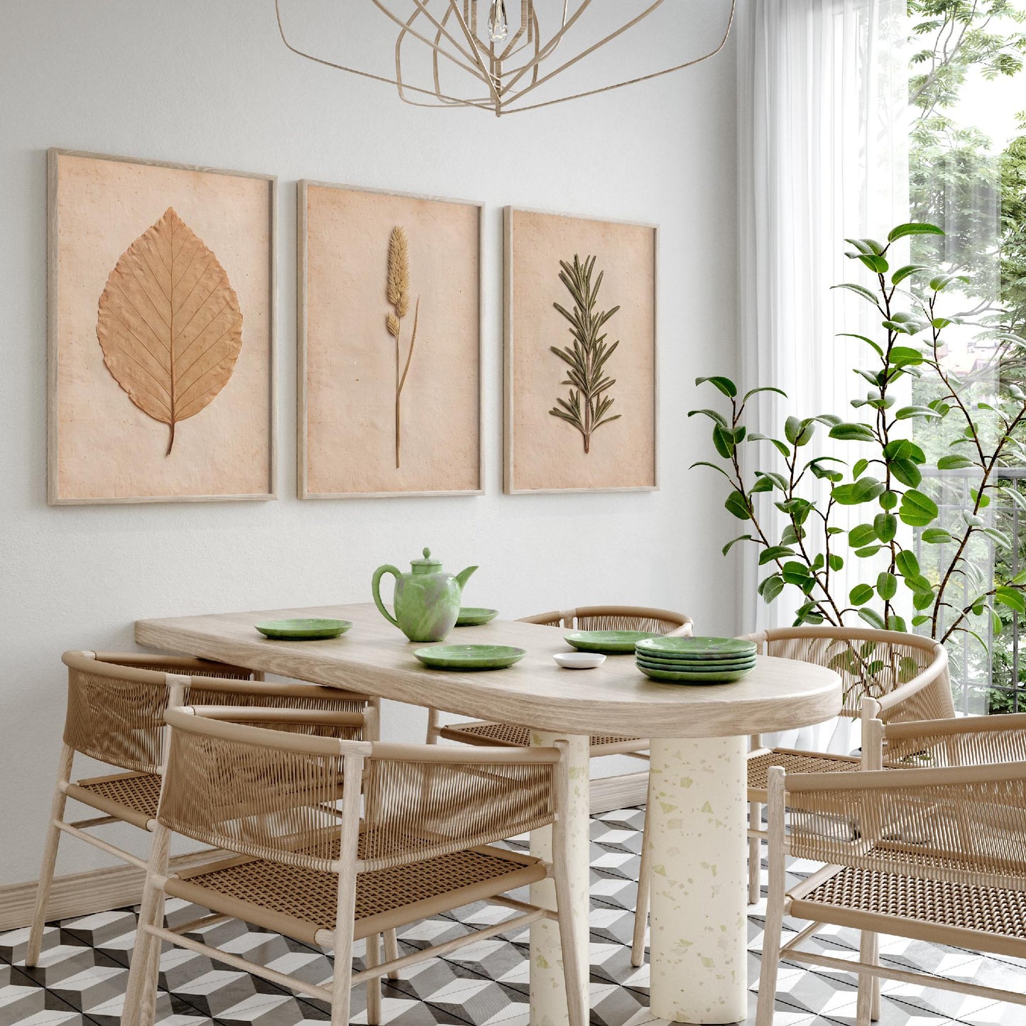Pressed Botanicals Set of Three Art Prints - Beech Leaf Meadow Foxtail Grass and Rosemary - Vintage Herbarium Photo Posters