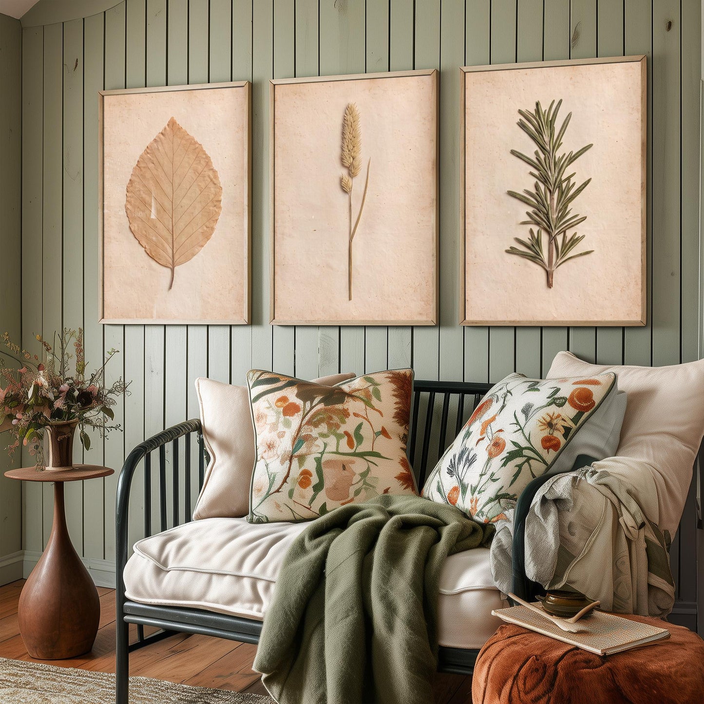 Pressed Botanicals Set of Three Art Prints - Beech Leaf Meadow Foxtail Grass and Rosemary - Vintage Herbarium Photo Posters