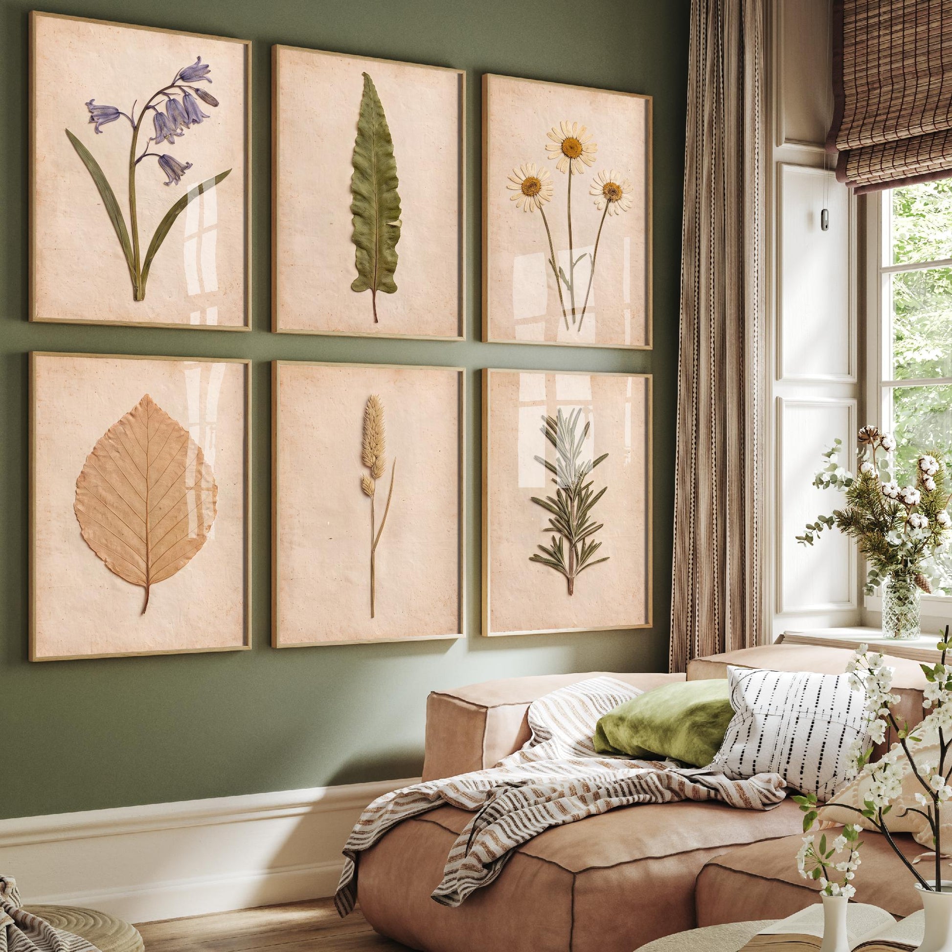 Set of Six Pressed Flower Art Prints - 6 Botanical Photo Posters - Bluebell, Daisy, Beech Leaf, Rosemary, Hart's Tongue Fern, Wild Grass