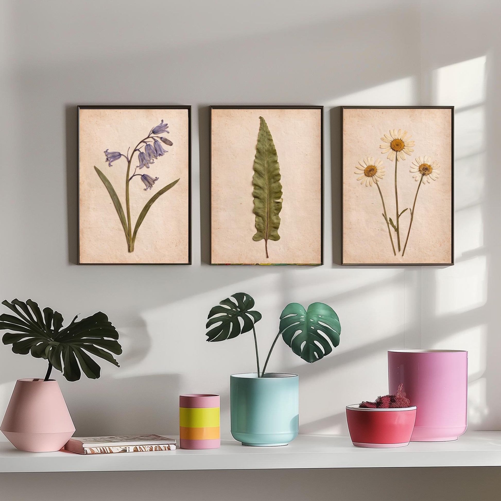 Set of Three Pressed Flower Art Prints - Bluebell Hart's Tongue Fern and Daisy - Vintage Woodland Herbarium Posters - Botanical Photo