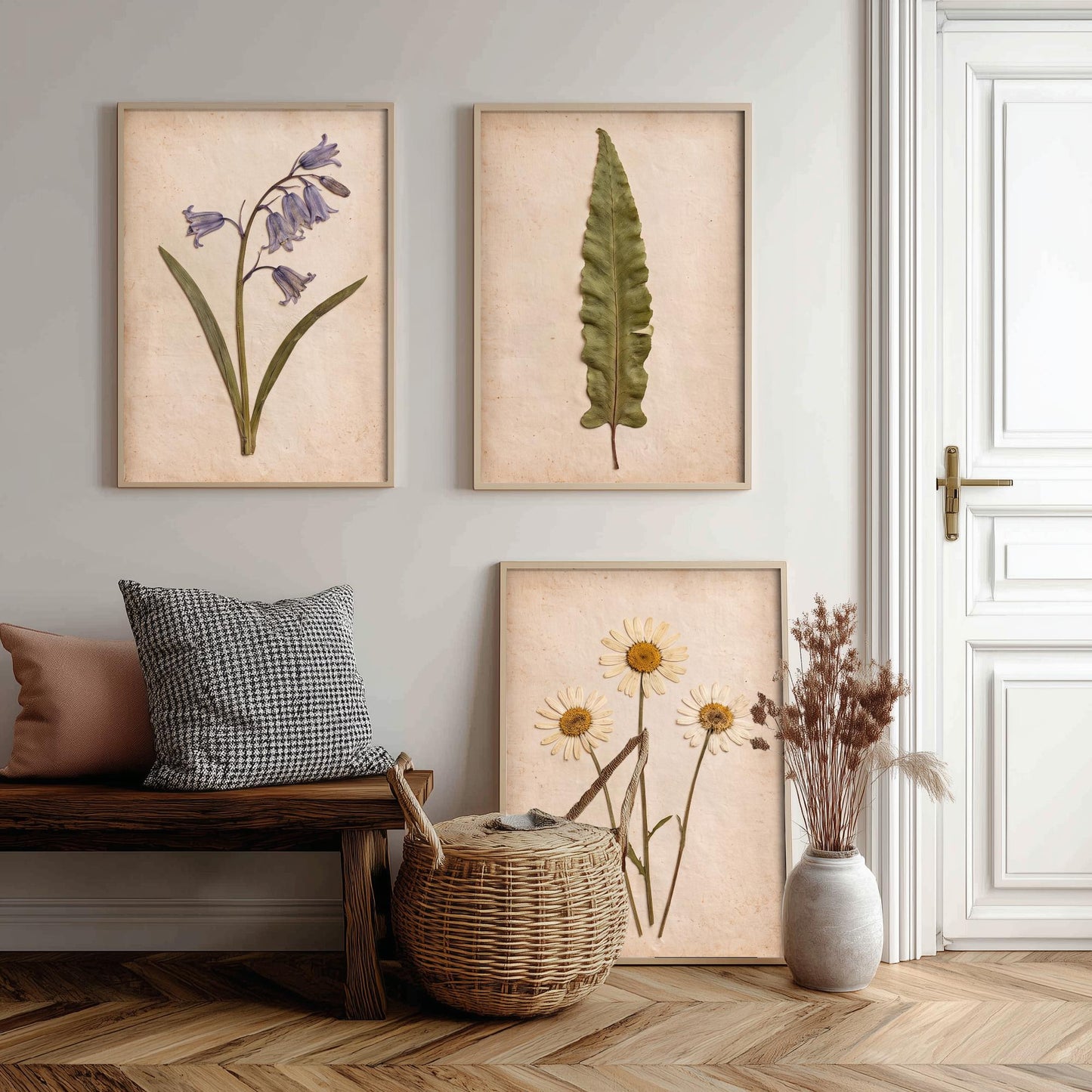 Set of Three Pressed Flower Art Prints - Bluebell Hart's Tongue Fern and Daisy - Vintage Woodland Herbarium Posters - Botanical Photo