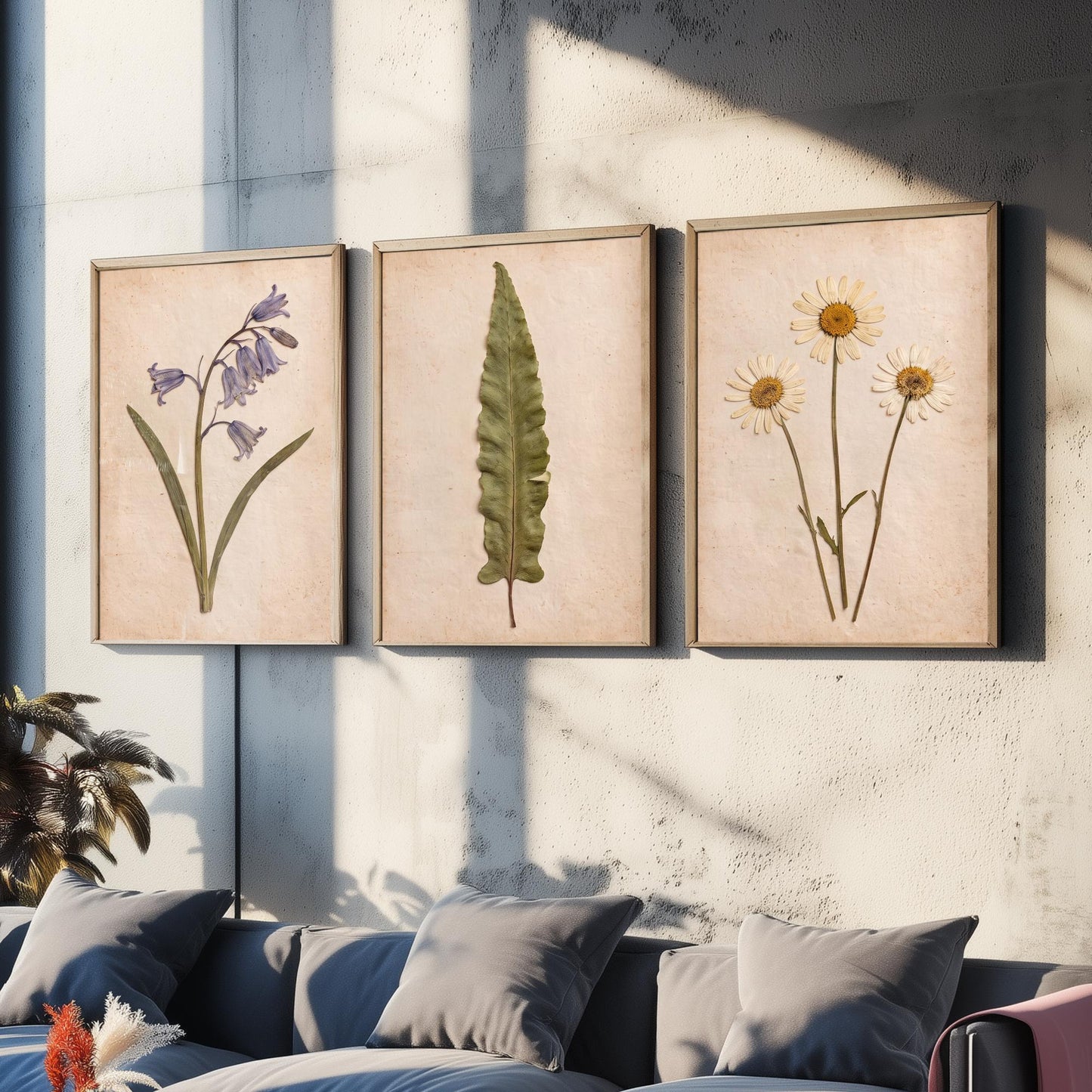 Set of Three Pressed Flower Art Prints - Bluebell Hart's Tongue Fern and Daisy - Vintage Woodland Herbarium Posters - Botanical Photo