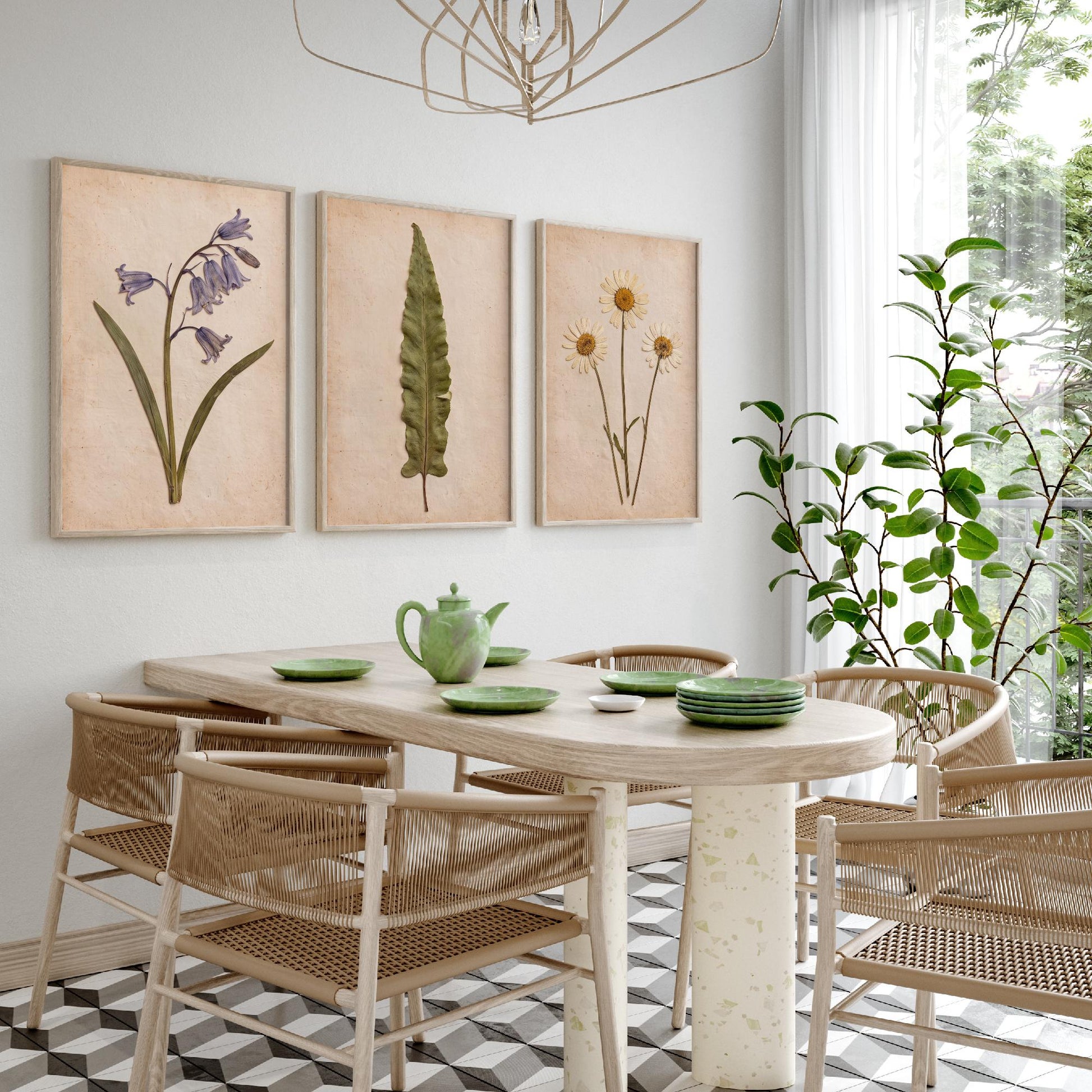 Set of Three Pressed Flower Art Prints - Bluebell Hart's Tongue Fern and Daisy - Vintage Woodland Herbarium Posters - Botanical Photo