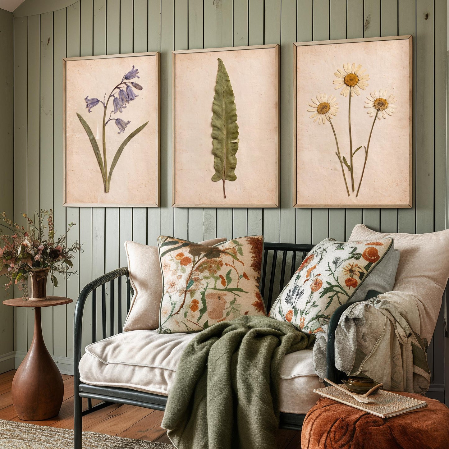 Set of Three Pressed Flower Art Prints - Bluebell Hart's Tongue Fern and Daisy - Vintage Woodland Herbarium Posters - Botanical Photo