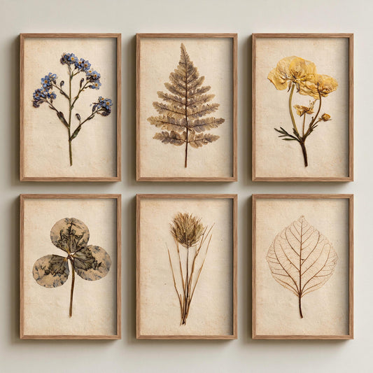 Set of Six Pressed Botanical Art Prints - 6 Vintage Herbarium Illustrations - Poster - Forget-Me-Not, Fern, Buttercup, Clover, Skeleton Leaf