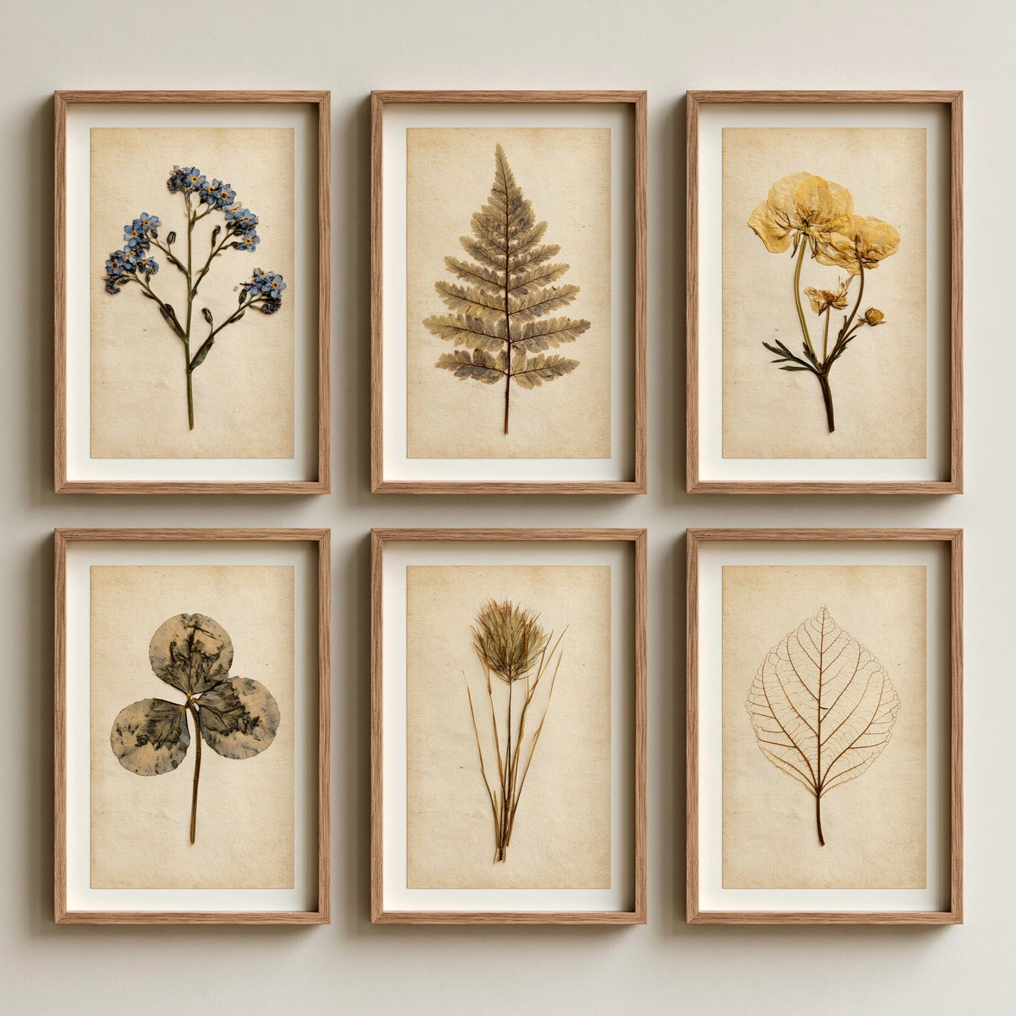 Set of Six Pressed Botanical Art Prints - 6 Vintage Herbarium Illustrations - Poster - Forget-Me-Not, Fern, Buttercup, Clover, Skeleton Leaf