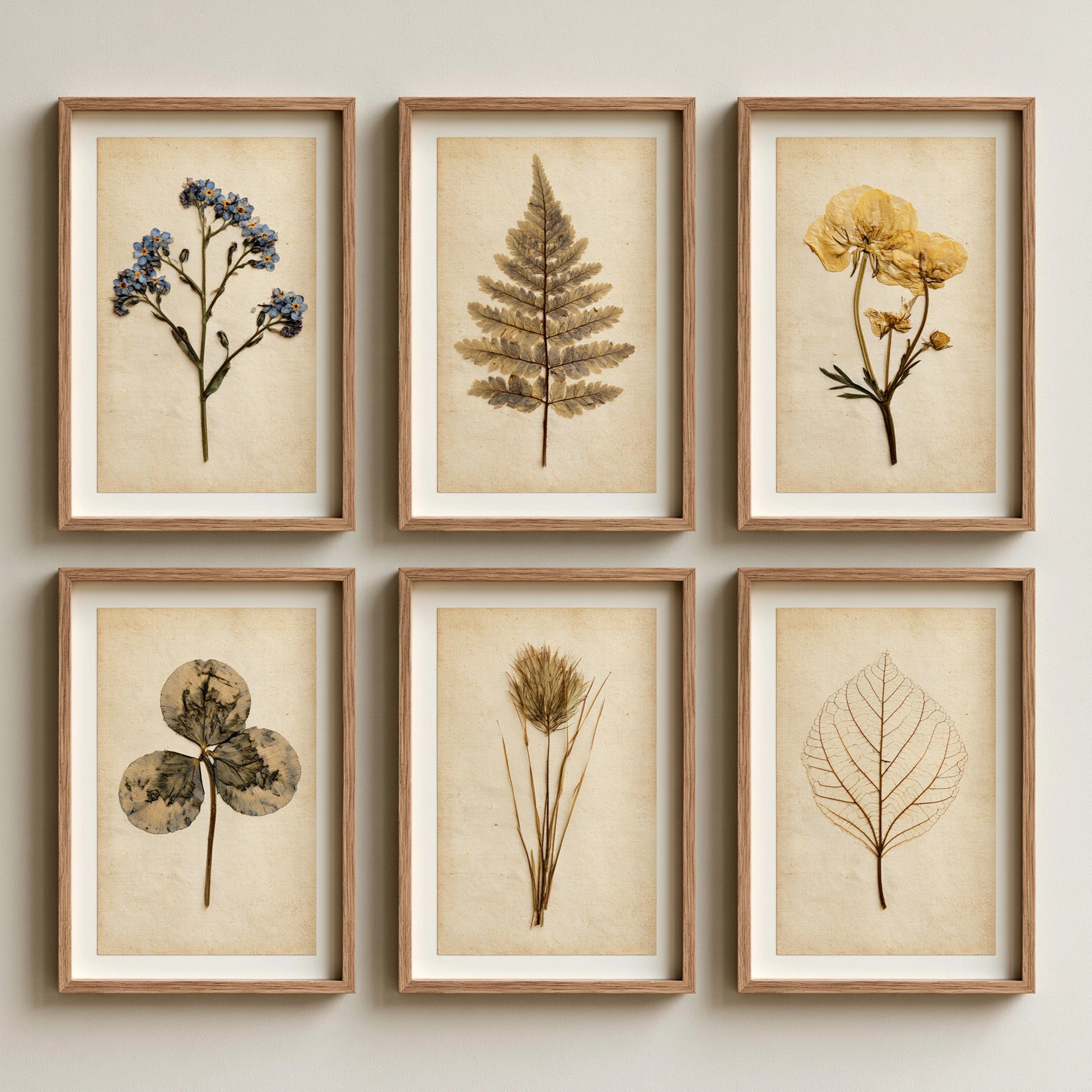 Set of Six Pressed Botanical Art Prints - 6 Vintage Herbarium Illustrations - Poster - Forget-Me-Not, Fern, Buttercup, Clover, Skeleton Leaf