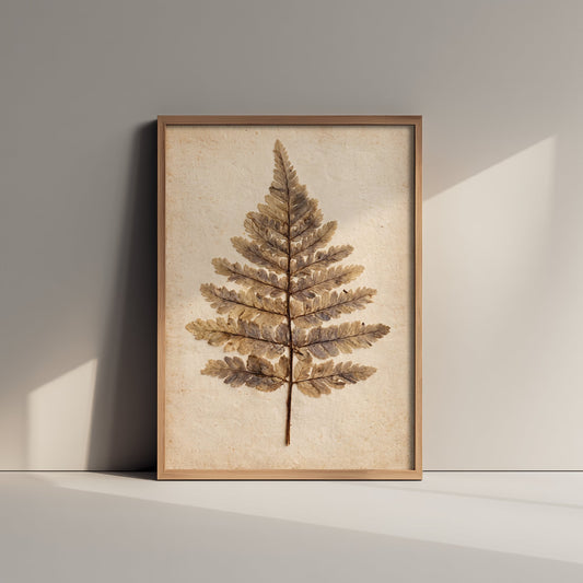 Pressed Fern Art Print - Dried Fern Frond Photo Poster - Vintage Botanical Herbarium Leaf on Antique Beige Paper V1 2/3