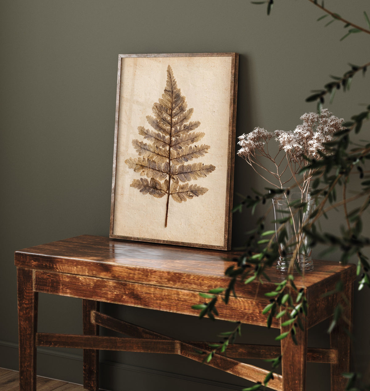 Pressed Fern Art Print - Dried Fern Frond Photo Poster - Vintage Botanical Herbarium Leaf on Antique Beige Paper V1 2/3