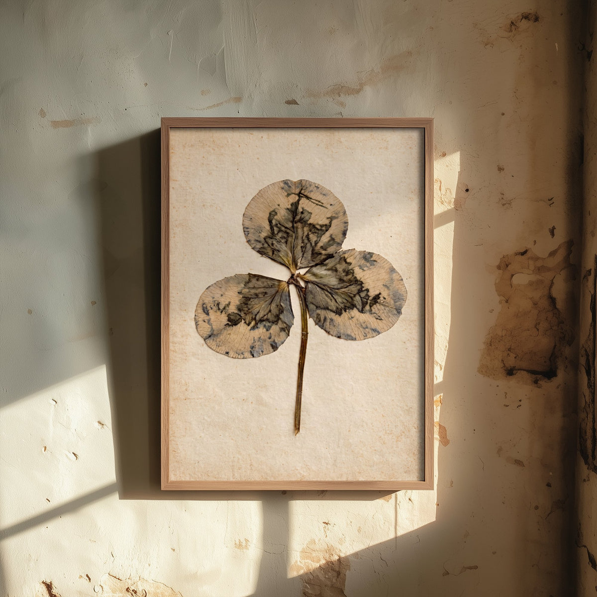 Pressed Clover Leaf Art Print - Vintage Botanical Photo Poster - Inky Marbled Trefoil Herbarium on Antique Beige Paper V2 1/3