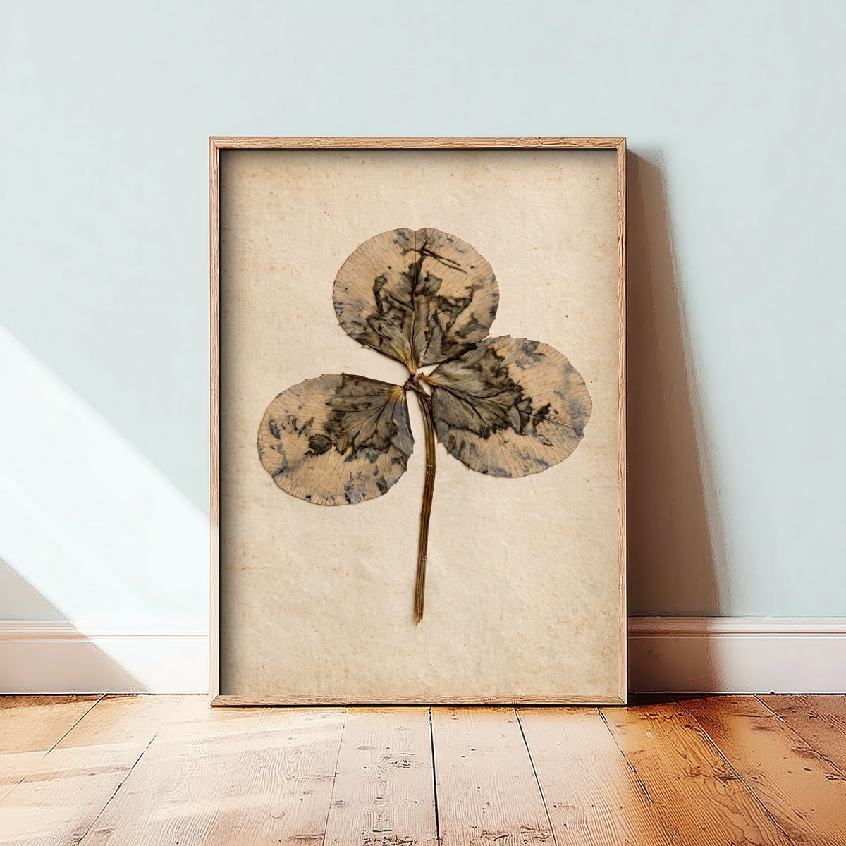 Pressed Clover Leaf Art Print - Vintage Botanical Photo Poster - Inky Marbled Trefoil Herbarium on Antique Beige Paper V2 1/3