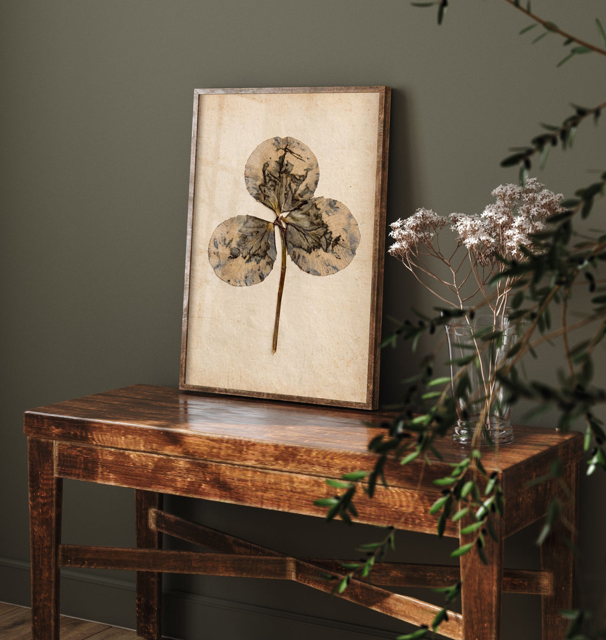 Pressed Clover Leaf Art Print - Vintage Botanical Photo Poster - Inky Marbled Trefoil Herbarium on Antique Beige Paper V2 1/3