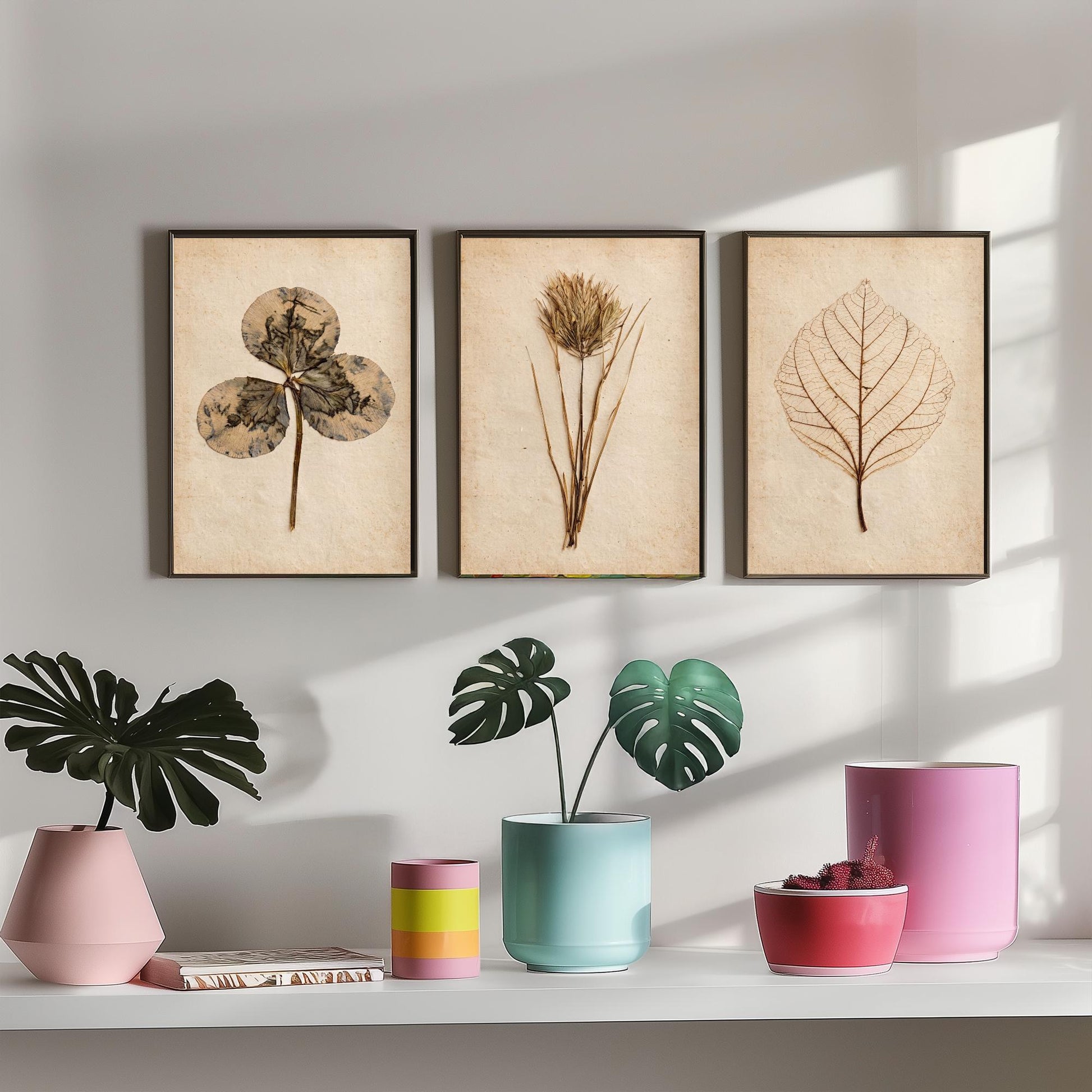 Pressed Botanicals Set of Three Art Prints - Clover Leaf, Wild Grass, Skeleton Leaf - Vintage Herbarium Photo Posters V2