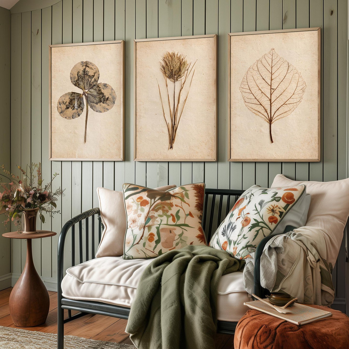 Pressed Botanicals Set of Three Art Prints - Clover Leaf, Wild Grass, Skeleton Leaf - Vintage Herbarium Photo Posters V2