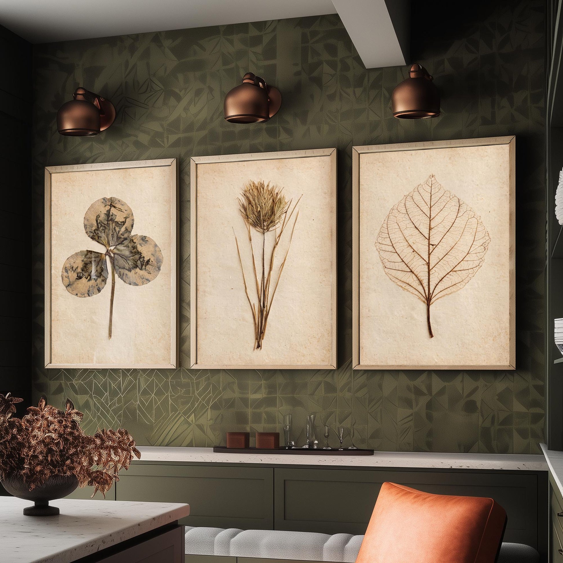 Pressed Botanicals Set of Three Art Prints - Clover Leaf, Wild Grass, Skeleton Leaf - Vintage Herbarium Photo Posters V2