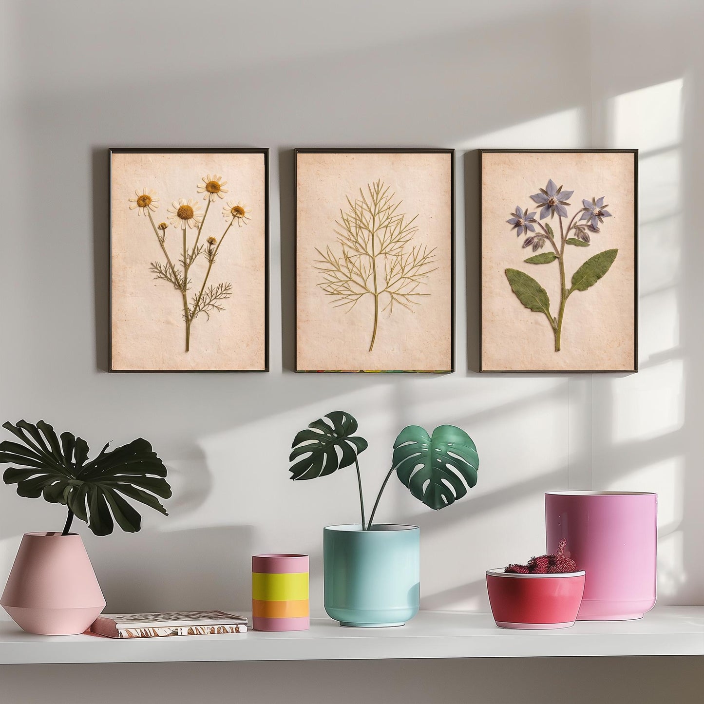 Pressed Herbs Set of Three Art Prints - Chamomile Dill and Borage - Vintage Kitchen Herbarium Posters - Cottage Botanical Photo