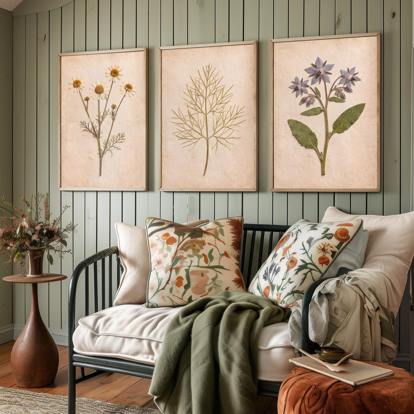Pressed Herbs Set of Three Art Prints - Chamomile Dill and Borage - Vintage Kitchen Herbarium Posters - Cottage Botanical Photo