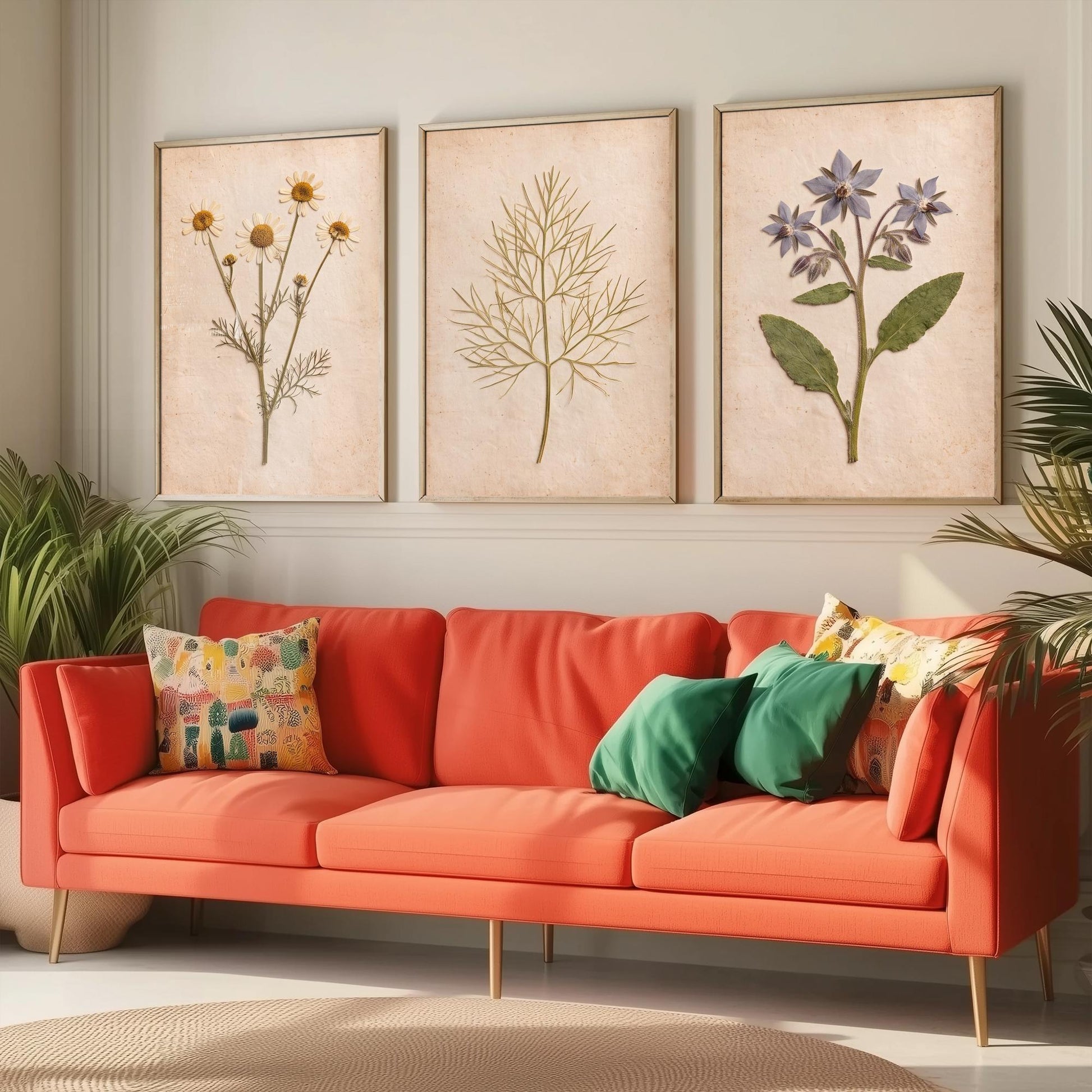 Pressed Herbs Set of Three Art Prints - Chamomile Dill and Borage - Vintage Kitchen Herbarium Posters - Cottage Botanical Photo