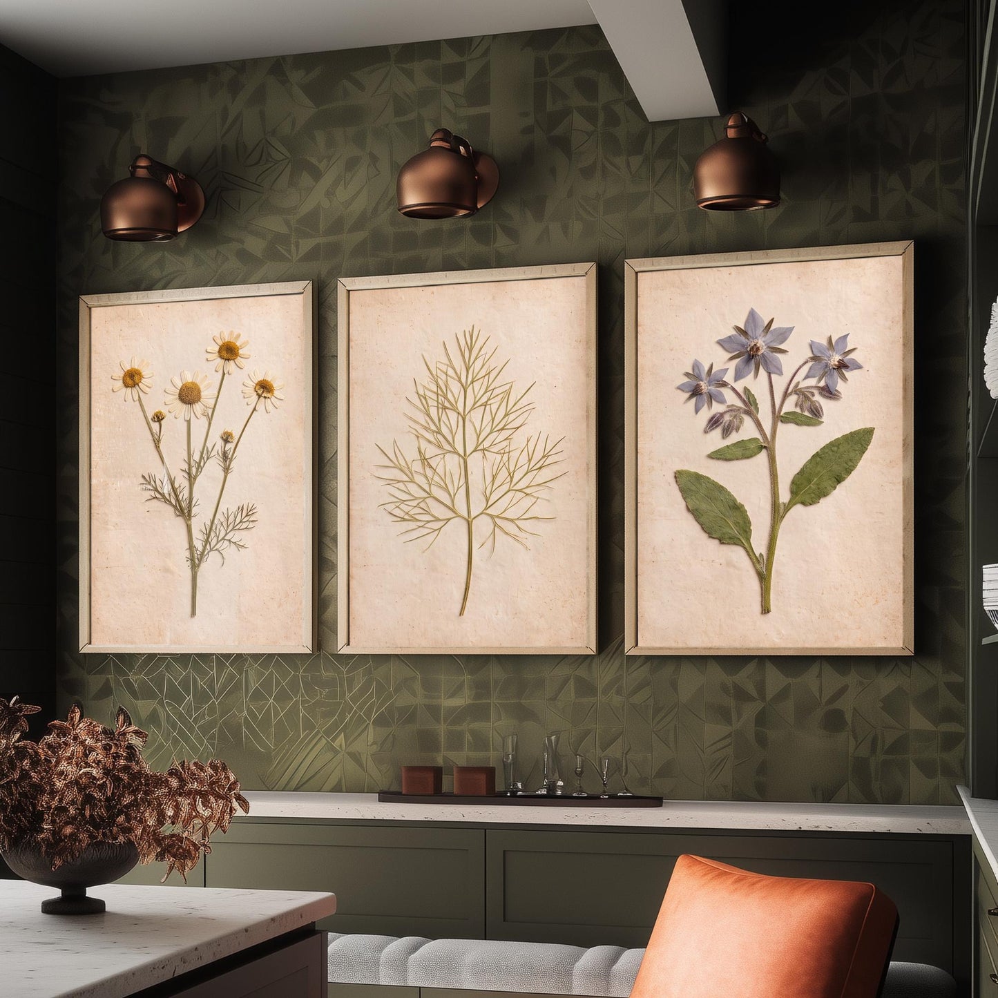 Pressed Herbs Set of Three Art Prints - Chamomile Dill and Borage - Vintage Kitchen Herbarium Posters - Cottage Botanical Photo