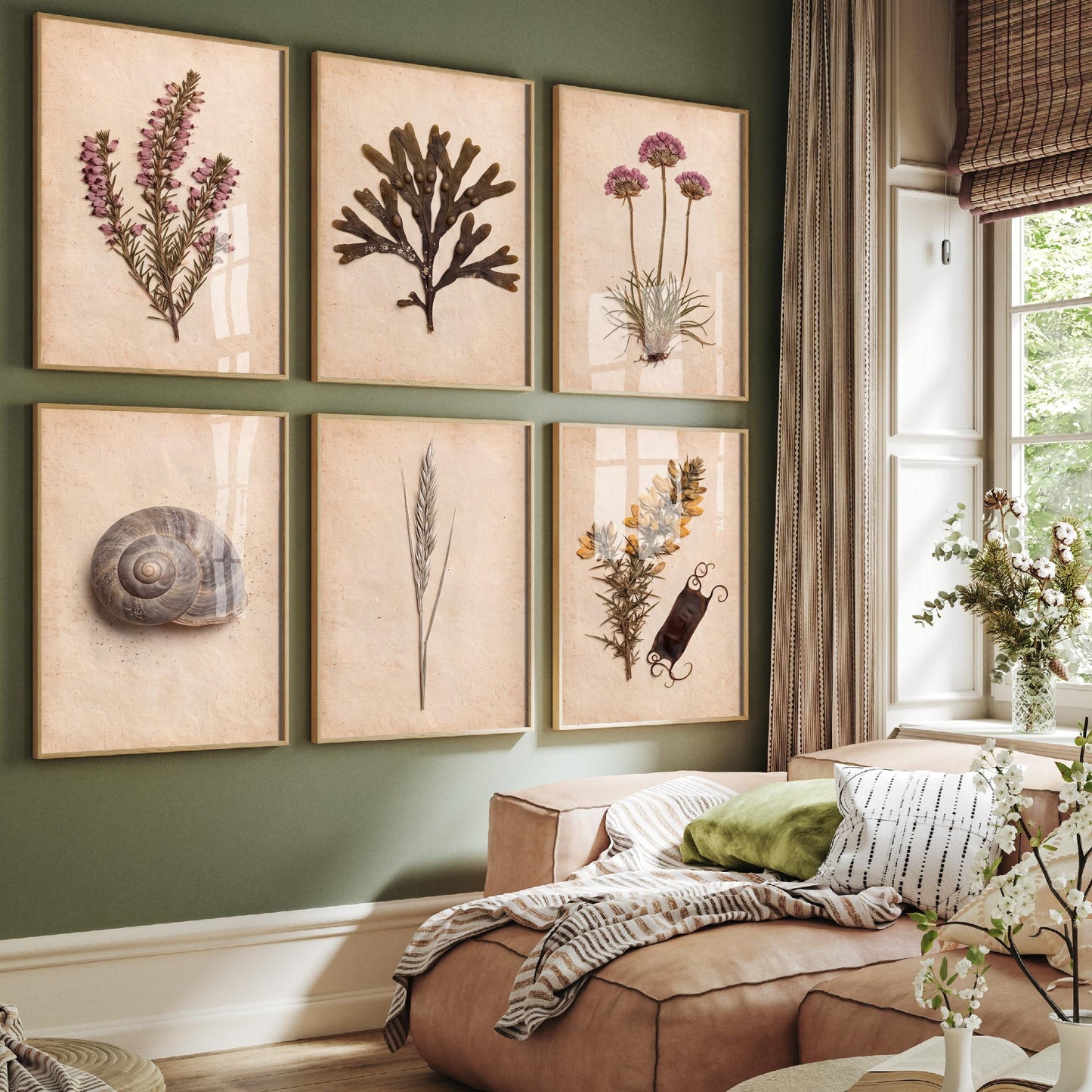 Set of Six Cornwall Coast Art Prints - 6 Pressed Seaside Photo Posters - Heather, Seaweed, Sea Thrift, Snail Shell, Gorse, Dune Grass