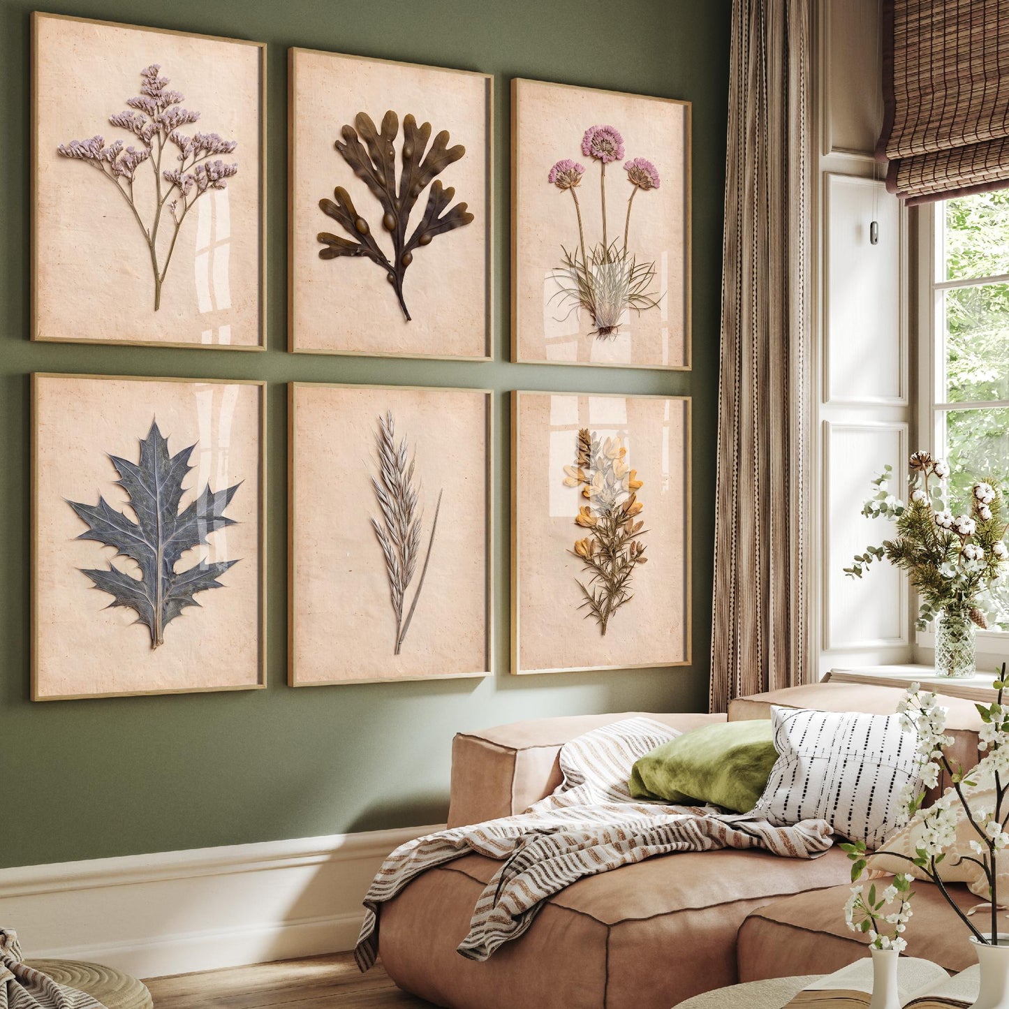 Set of Six Cornish Seashore Art Prints - 6 Pressed Coastal Specimens - Sea Lavender, Sea Holly, Thrift, Gorse, Wrack Seaweed - Photo Poster