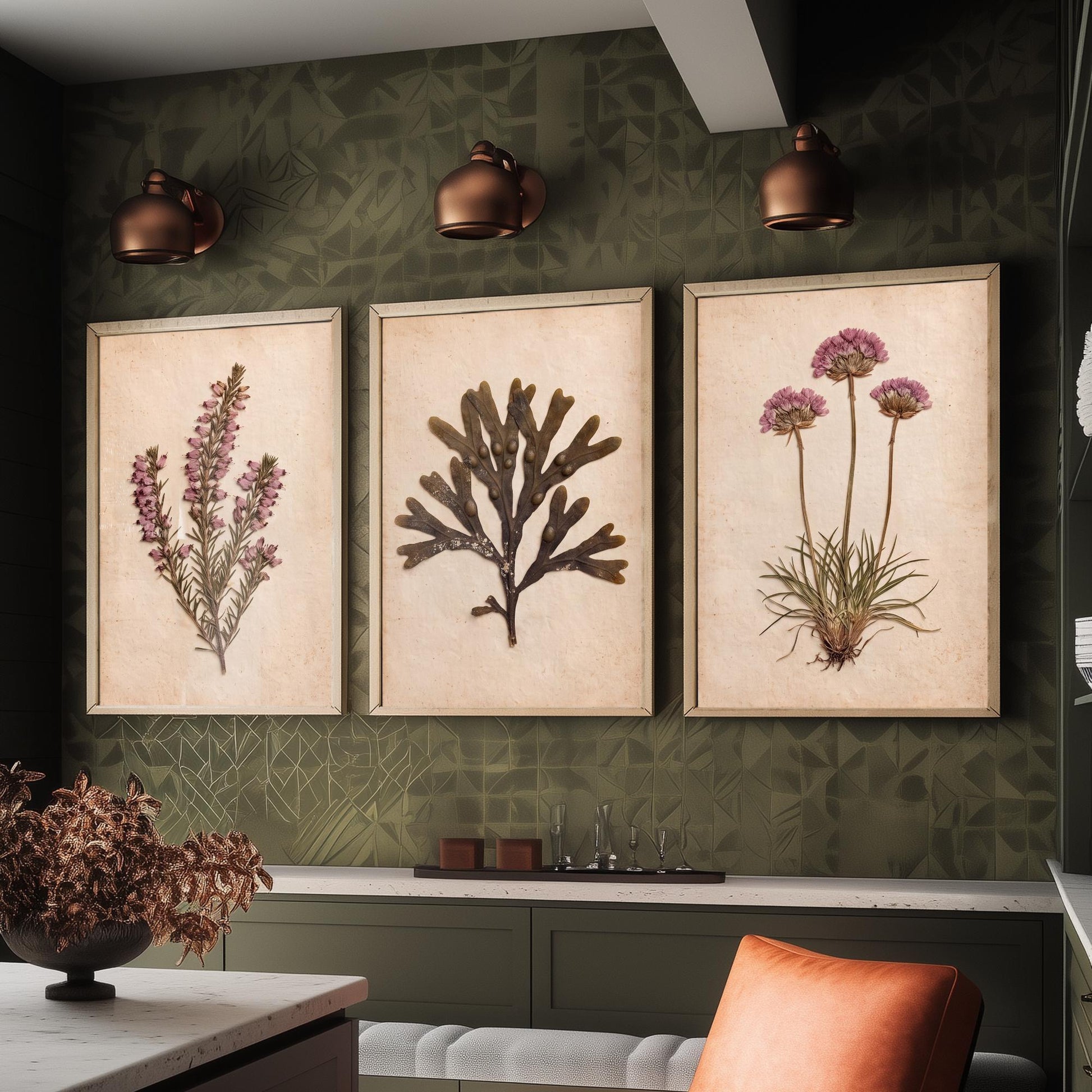 Cornwall Coast Set of Three Art Prints - Cornish Heath Bladderwrack Seaweed and Sea Pink Thrift - Pressed Seaside Herbarium Photo Posters