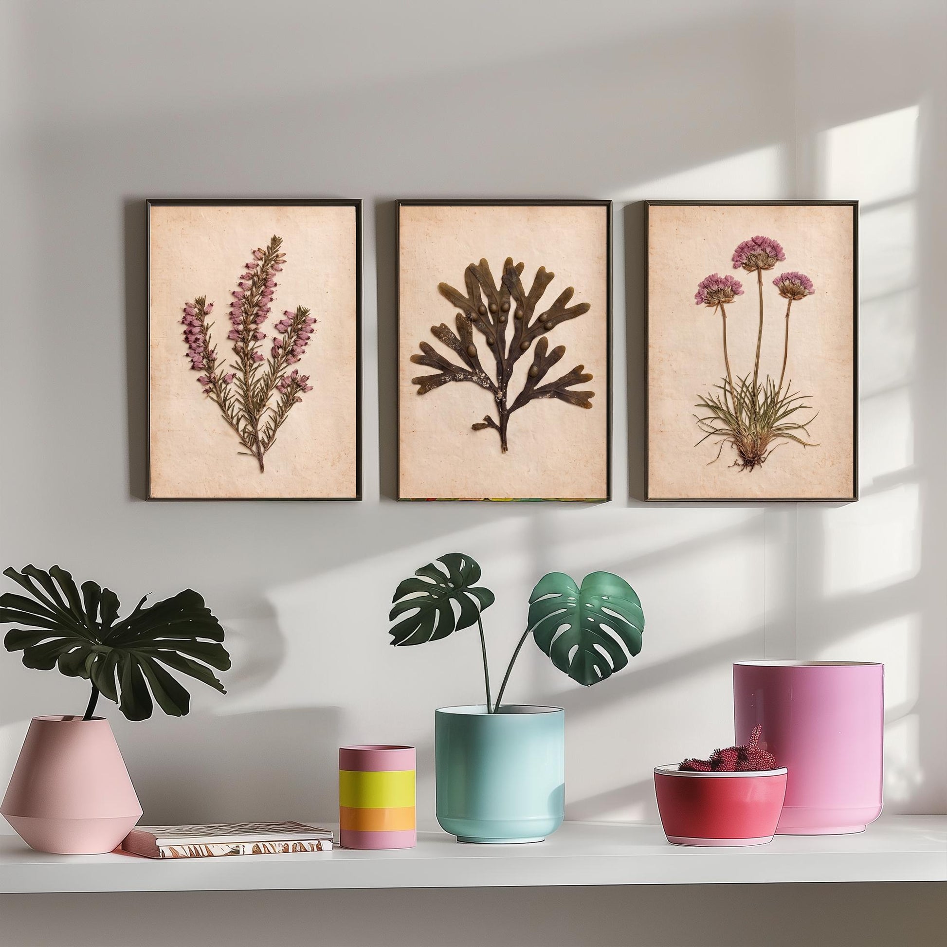 Cornwall Coast Set of Three Art Prints - Cornish Heath Bladderwrack Seaweed and Sea Pink Thrift - Pressed Seaside Herbarium Photo Posters