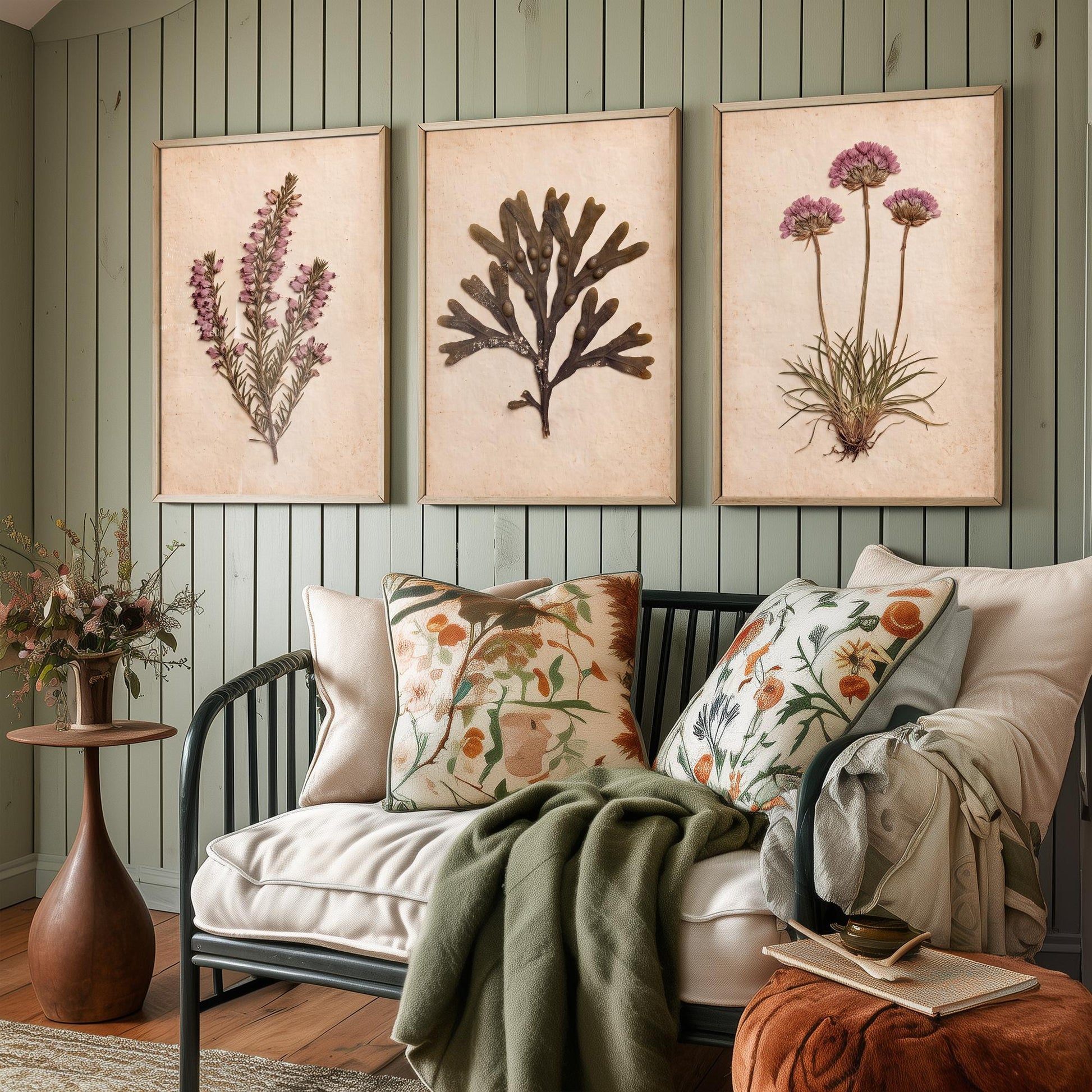 Cornwall Coast Set of Three Art Prints - Cornish Heath Bladderwrack Seaweed and Sea Pink Thrift - Pressed Seaside Herbarium Photo Posters