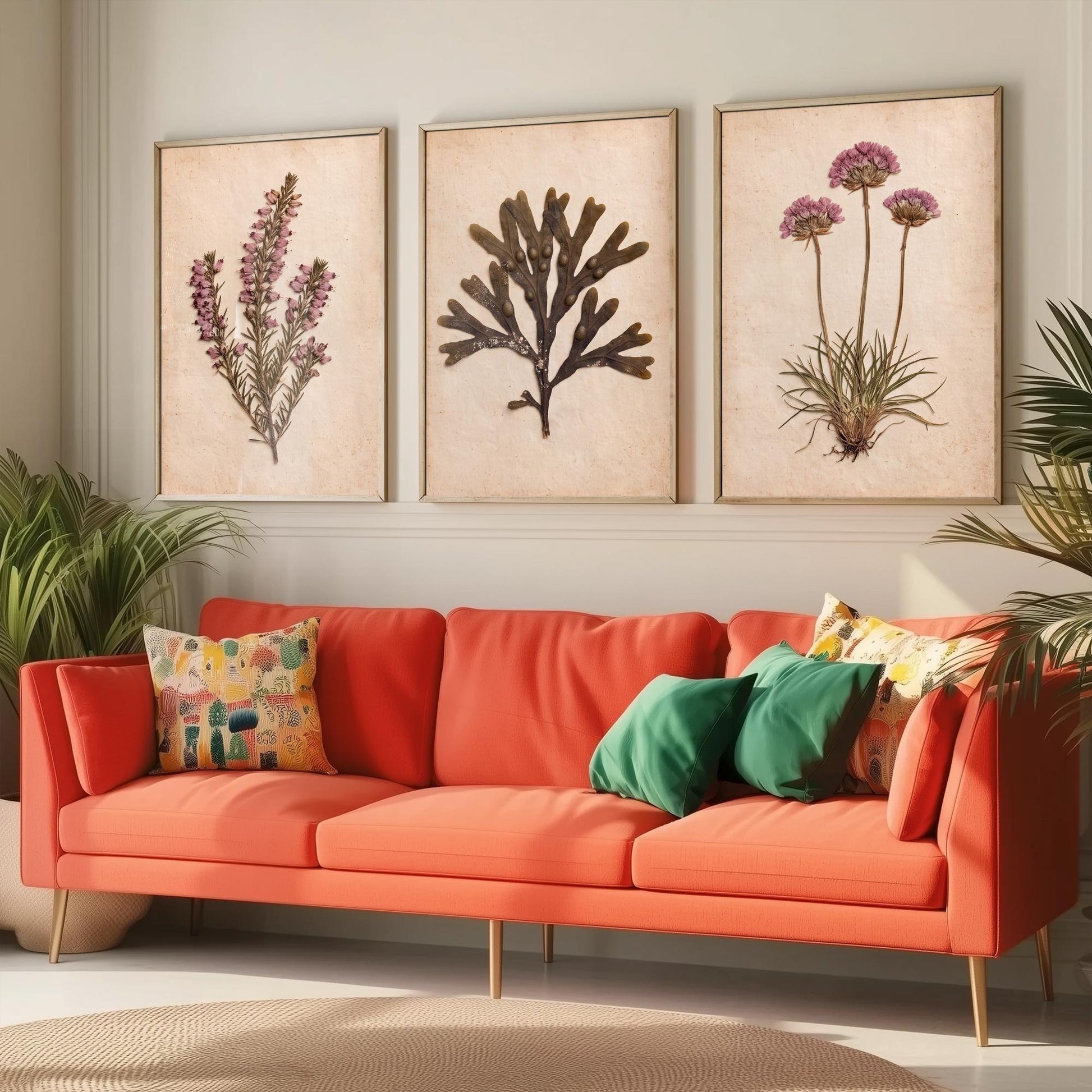 Cornwall Coast Set of Three Art Prints - Cornish Heath Bladderwrack Seaweed and Sea Pink Thrift - Pressed Seaside Herbarium Photo Posters