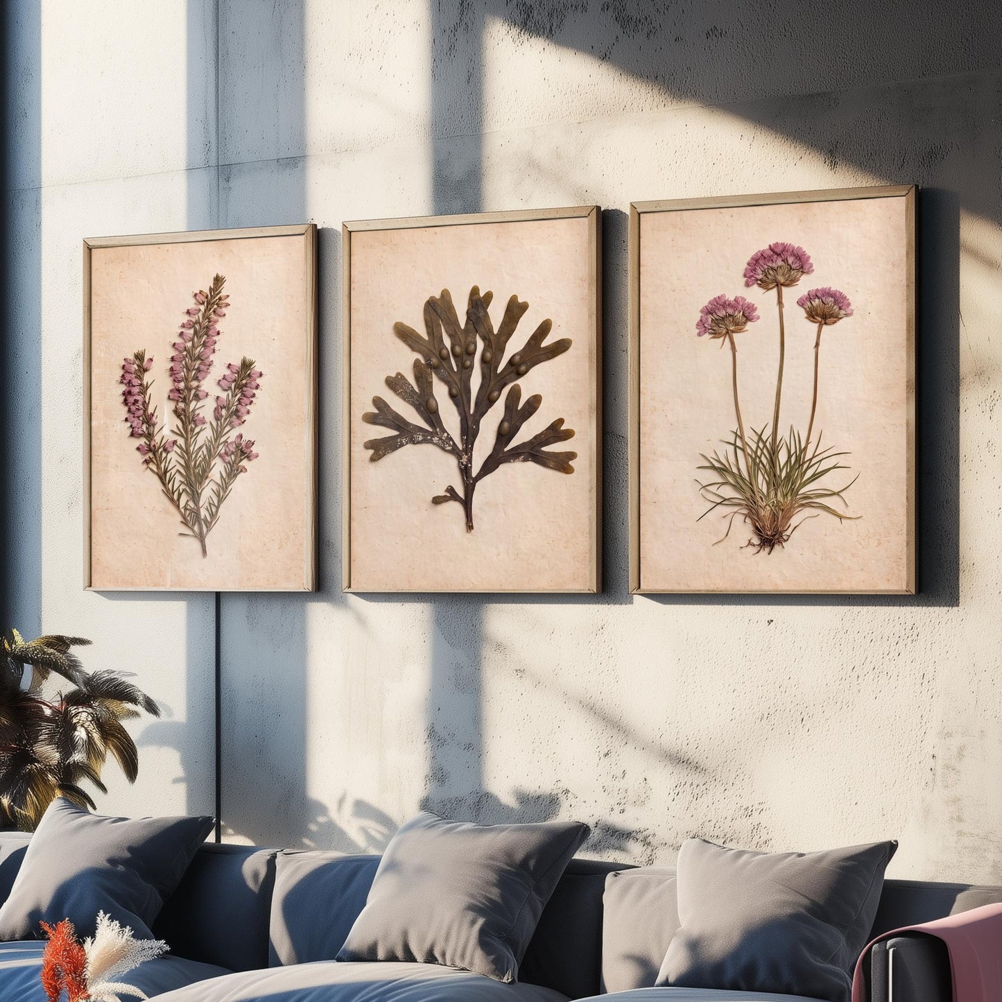 Cornwall Coast Set of Three Art Prints - Cornish Heath Bladderwrack Seaweed and Sea Pink Thrift - Pressed Seaside Herbarium Photo Posters