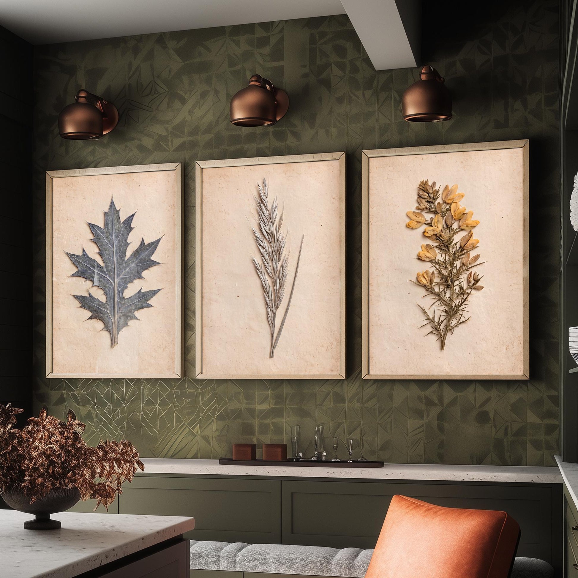 Cornish Dunes Set of Three Art Prints - Sea Holly Marram Grass and Gorse - Pressed Coastal Botanical Posters - Cornwall Beach Photo