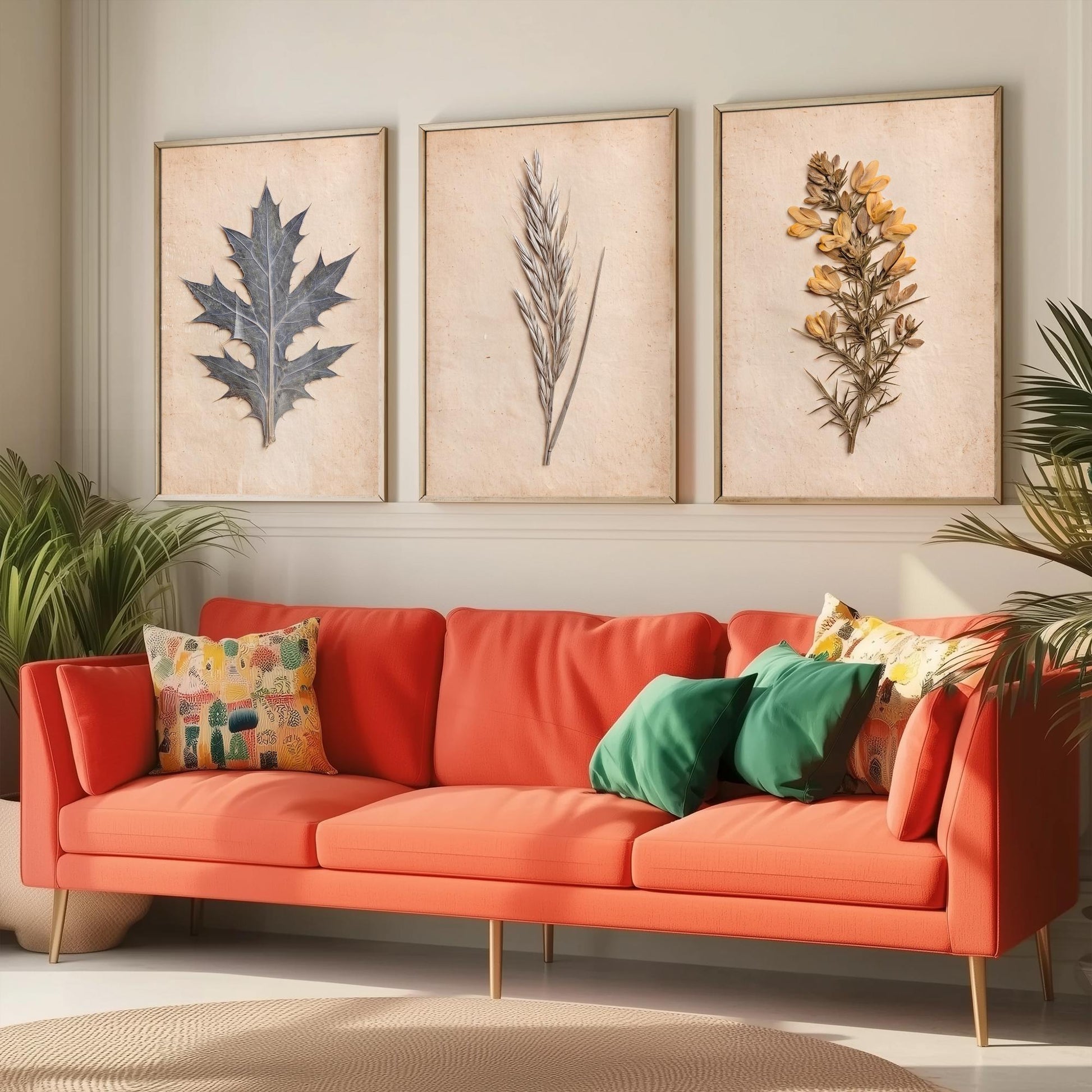 Cornish Dunes Set of Three Art Prints - Sea Holly Marram Grass and Gorse - Pressed Coastal Botanical Posters - Cornwall Beach Photo