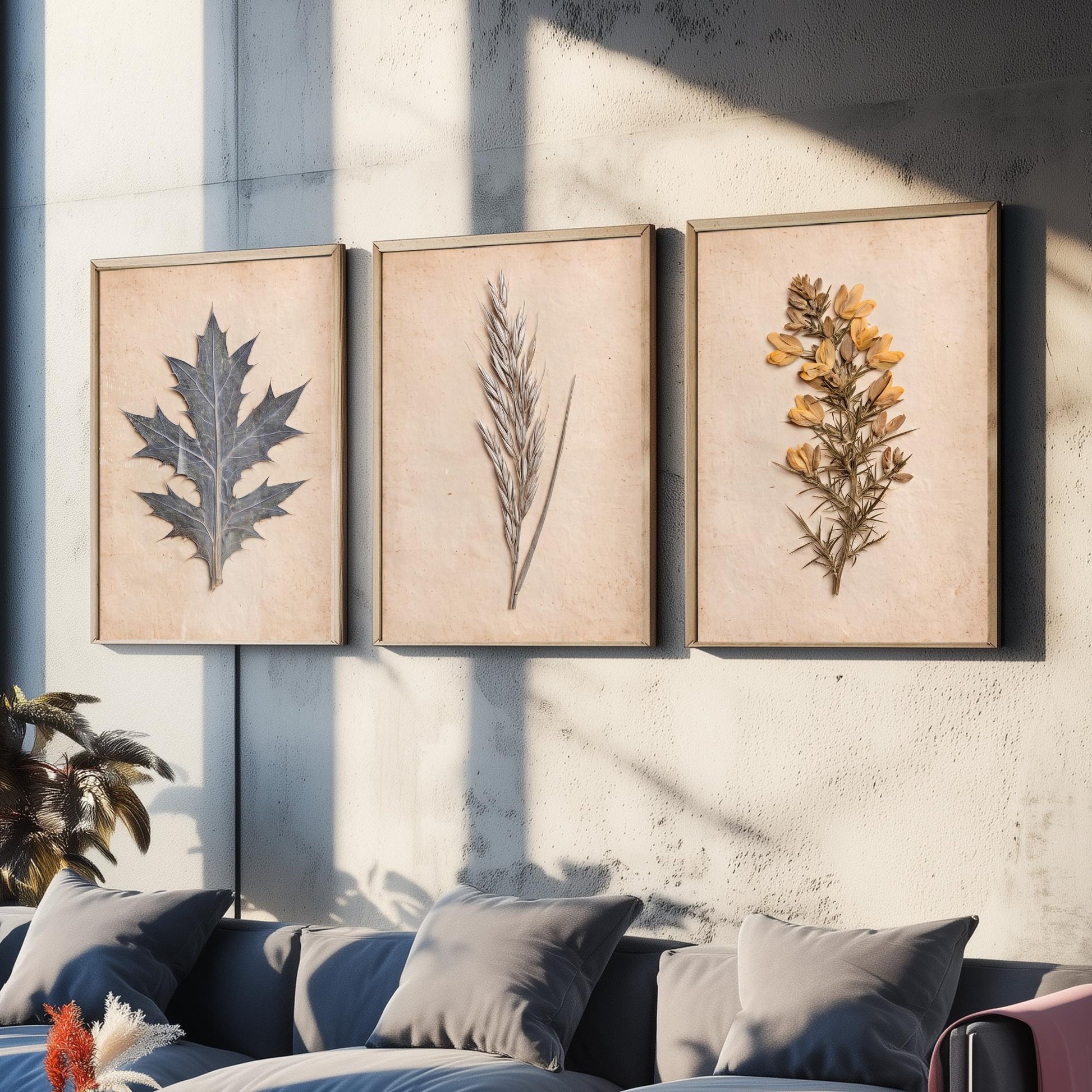 Cornish Dunes Set of Three Art Prints - Sea Holly Marram Grass and Gorse - Pressed Coastal Botanical Posters - Cornwall Beach Photo