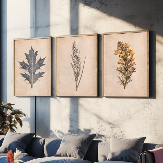 Cornish Dunes Set of Three Art Prints - Sea Holly Marram Grass and Gorse - Pressed Coastal Botanical Posters - Cornwall Beach Photo