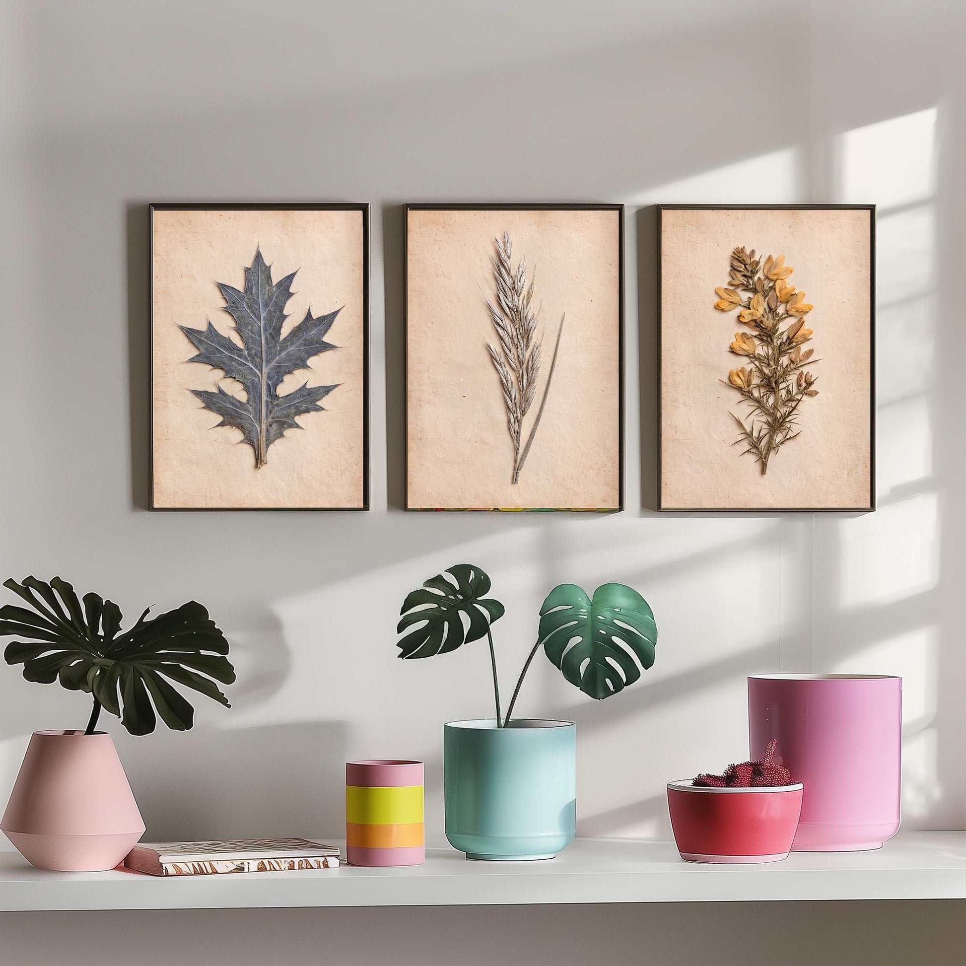 Cornish Dunes Set of Three Art Prints - Sea Holly Marram Grass and Gorse - Pressed Coastal Botanical Posters - Cornwall Beach Photo