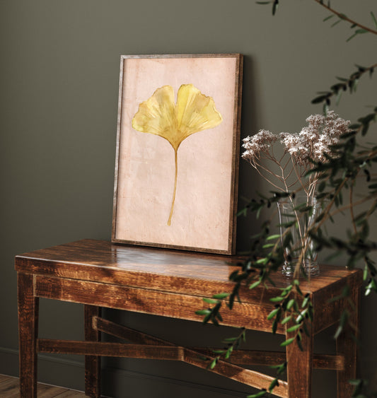 Ginkgo Leaf Watercolour Art Print - Soft Blush Botanical Poster - Golden Yellow Autumn Leaf 1/3
