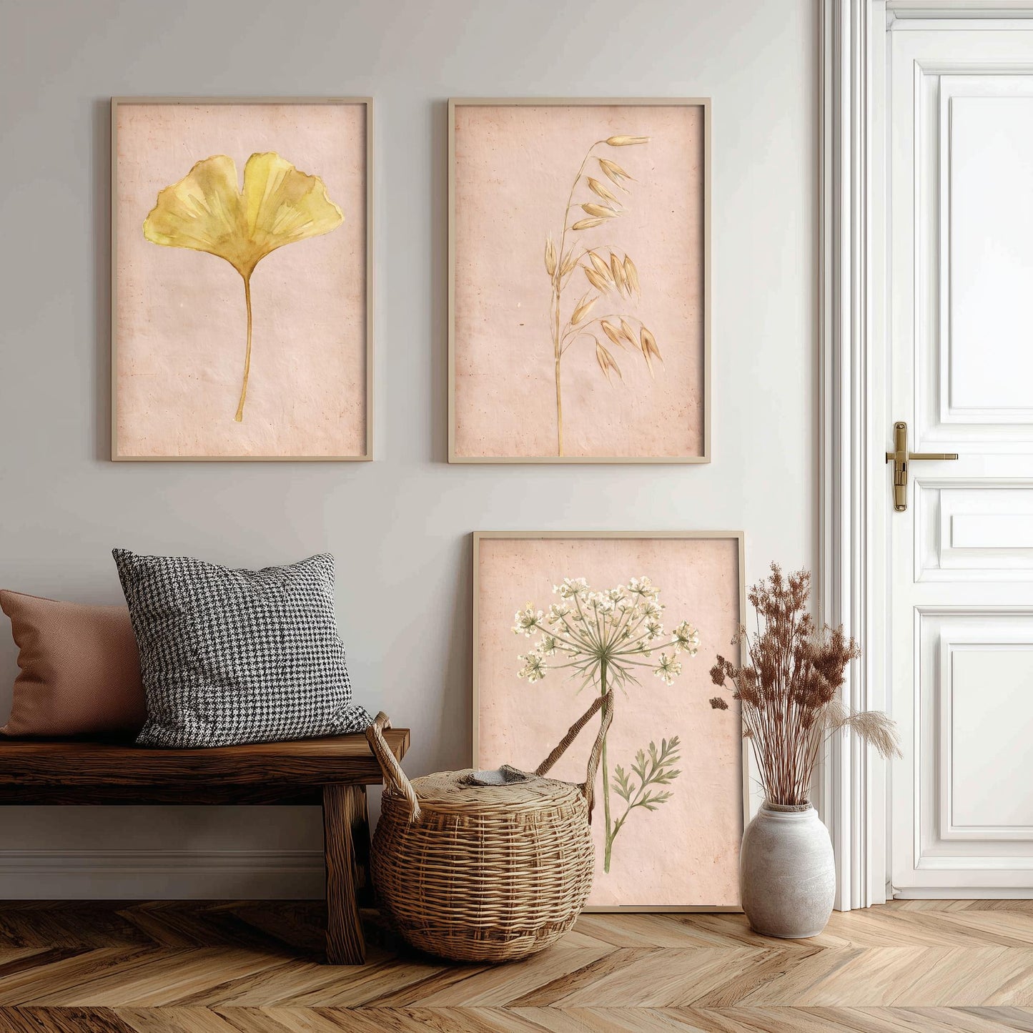 Watercolour Ginkgo Oat Grass Queen Anne's Lace Set of Three Art Prints - Soft Blush Botanical Posters - Herbarium Watercolor Painting
