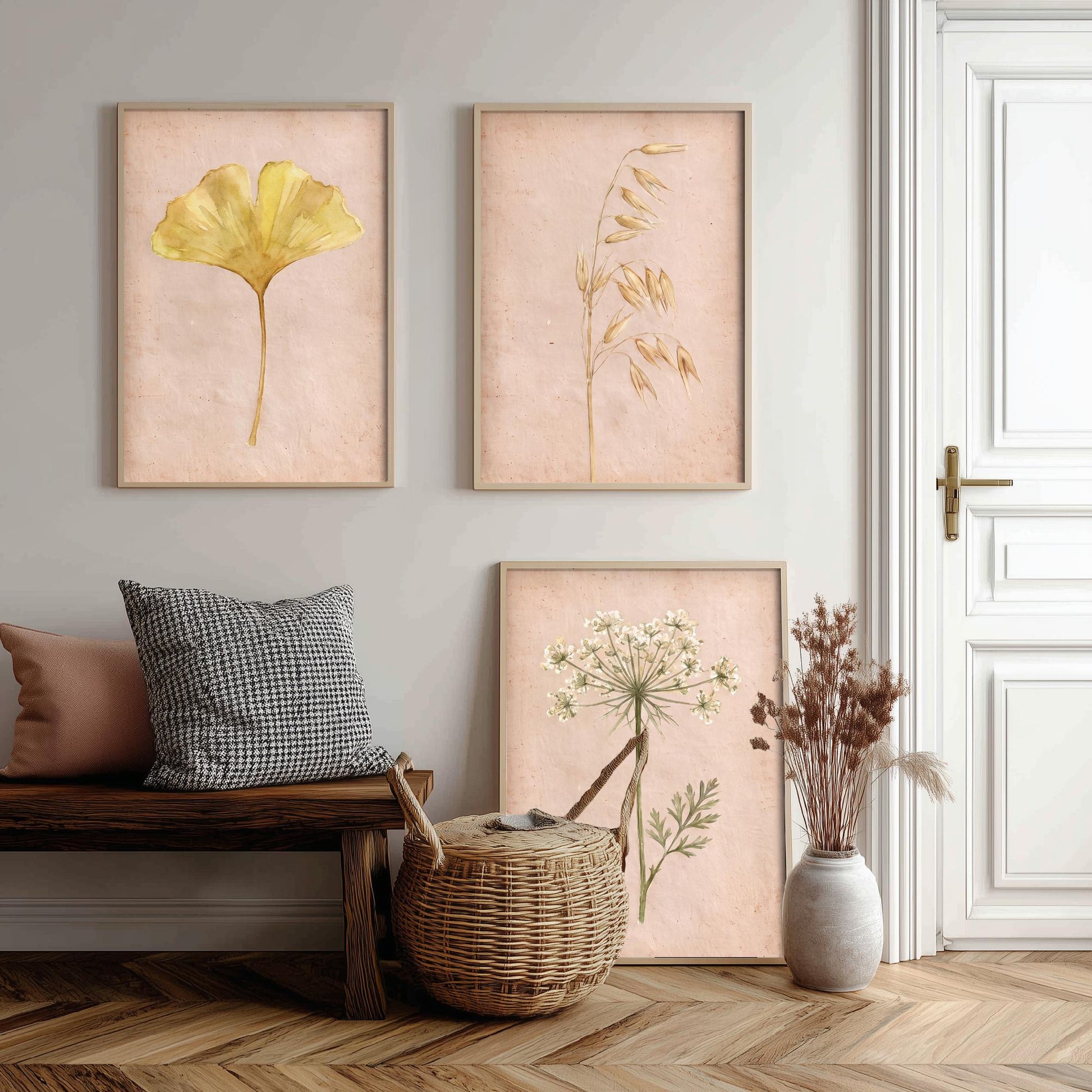 Watercolour Ginkgo Oat Grass Queen Anne's Lace Set of Three Art Prints - Soft Blush Botanical Posters - Herbarium Watercolor Painting
