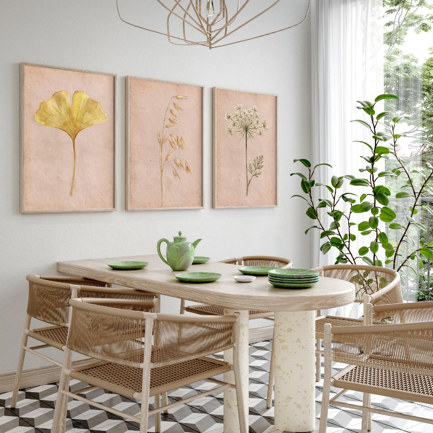 Watercolour Ginkgo Oat Grass Queen Anne's Lace Set of Three Art Prints - Soft Blush Botanical Posters - Herbarium Watercolor Painting