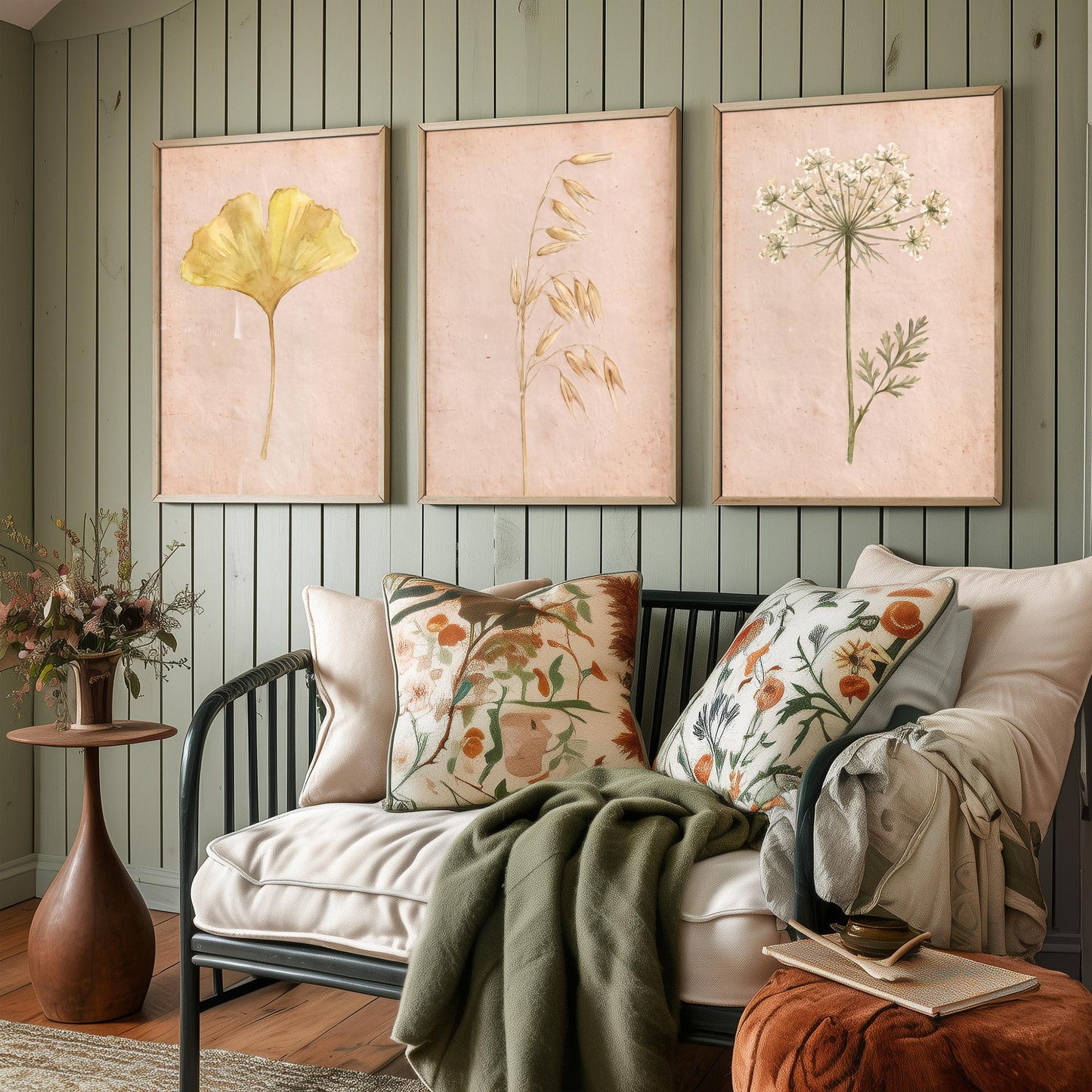 Watercolour Ginkgo Oat Grass Queen Anne's Lace Set of Three Art Prints - Soft Blush Botanical Posters - Herbarium Watercolor Painting