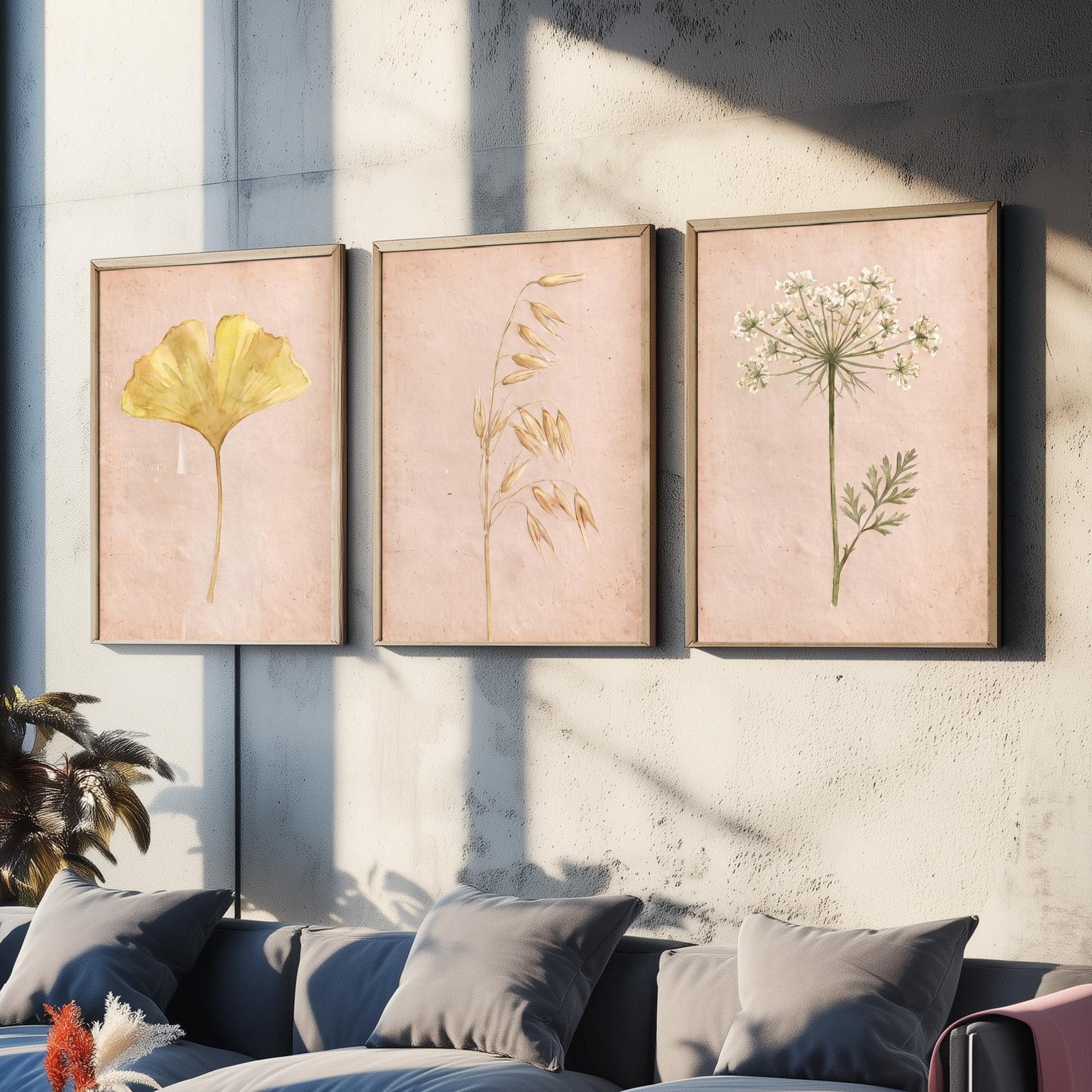 Watercolour Ginkgo Oat Grass Queen Anne's Lace Set of Three Art Prints - Soft Blush Botanical Posters - Herbarium Watercolor Painting
