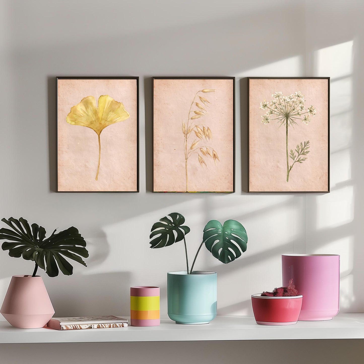 Watercolour Ginkgo Oat Grass Queen Anne's Lace Set of Three Art Prints - Soft Blush Botanical Posters - Herbarium Watercolor Painting
