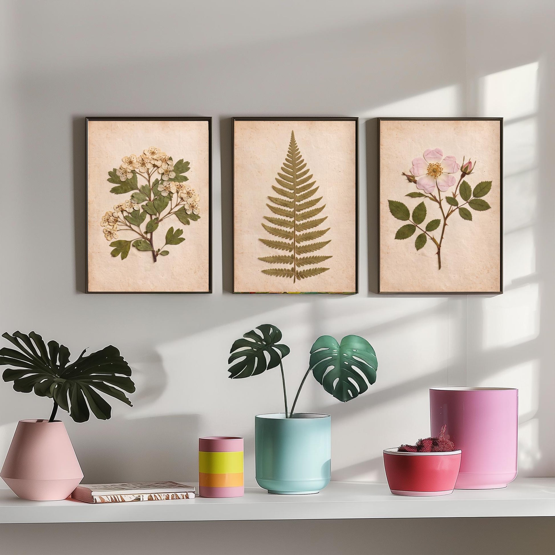 English Hedgerow Set of Three Art Prints - Pressed Hawthorn Fern and Wild Rose - Vintage Botanical Herbarium Posters Photo Cottage