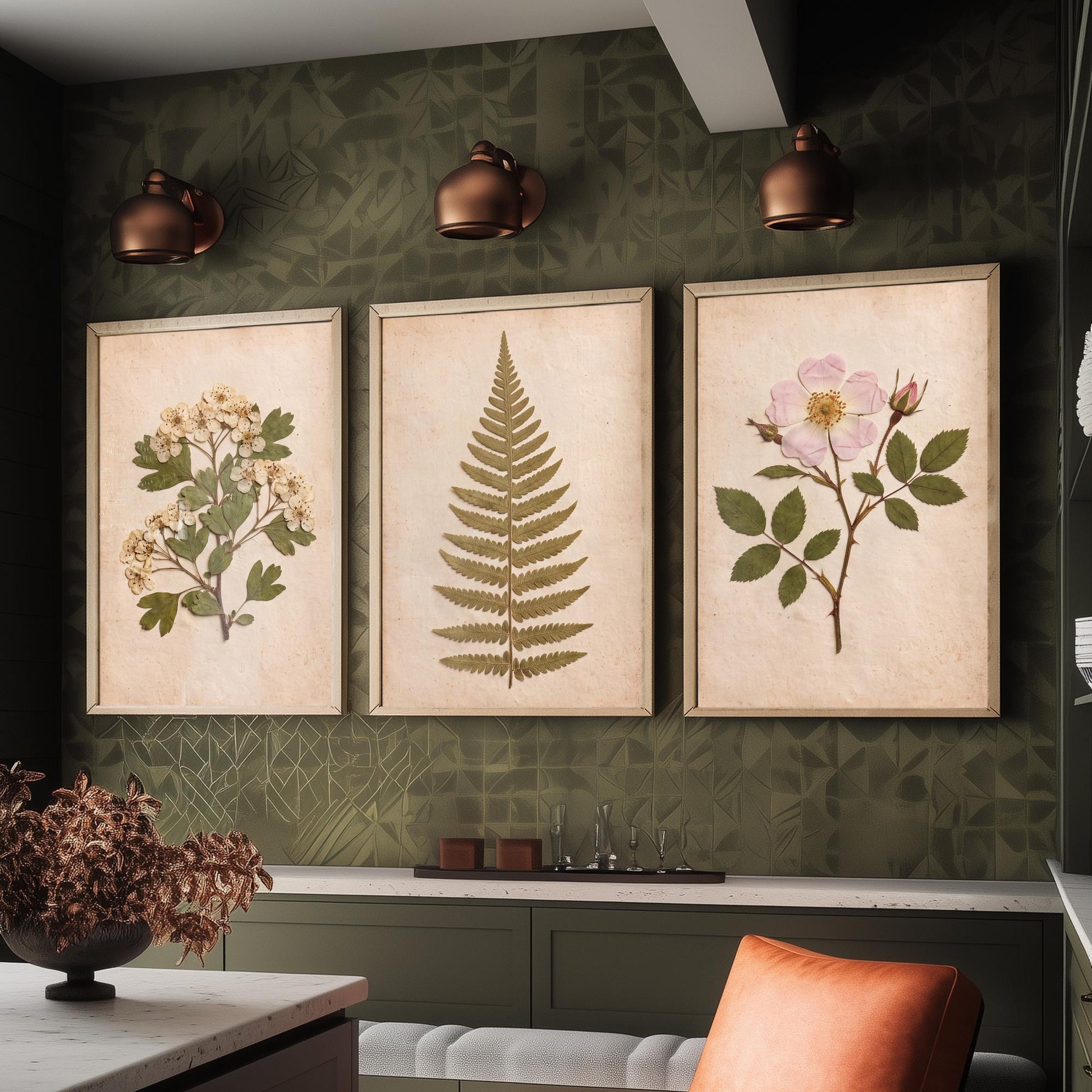 English Hedgerow Set of Three Art Prints - Pressed Hawthorn Fern and Wild Rose - Vintage Botanical Herbarium Posters Photo Cottage